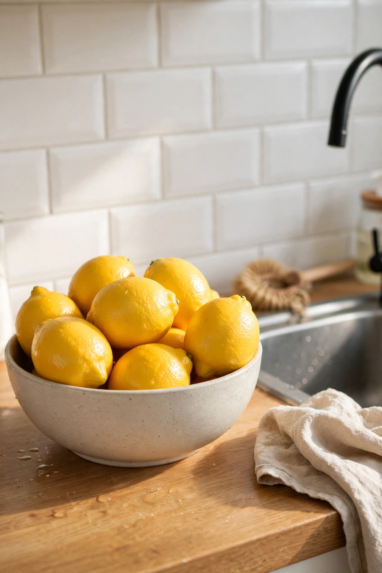 Ceramic bowl of fresh lemons on kitchen counter