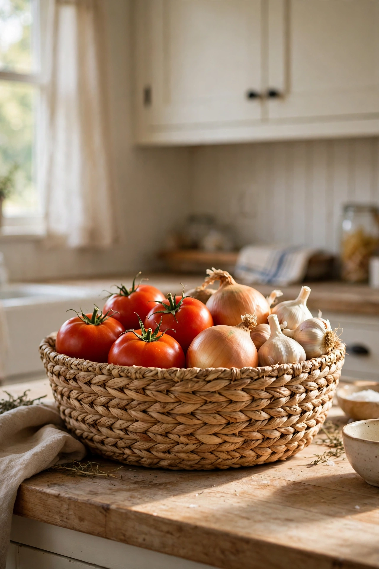 Woven seagrass basket of produce on kitchen counter