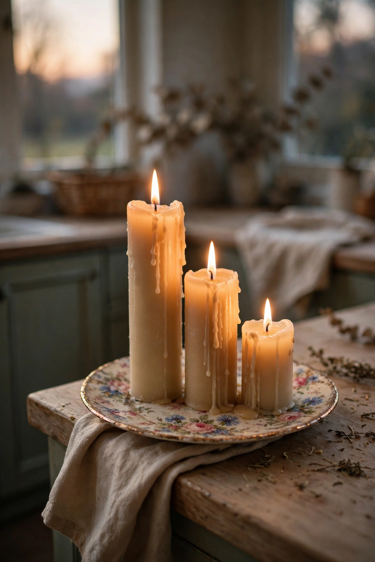 Cluster of candles on thrifted saucer on counter