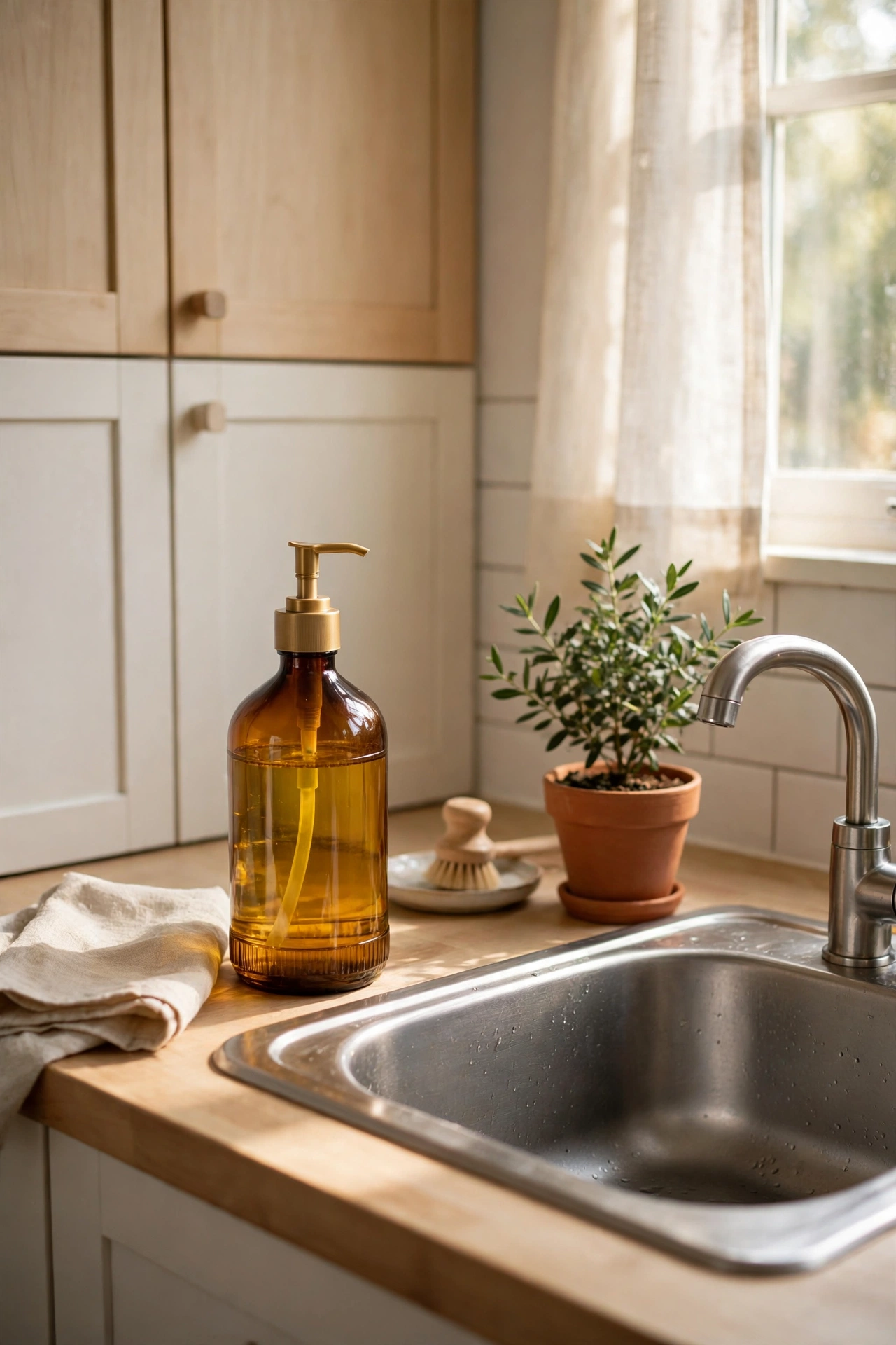 Amber glass bottle of washing up liquid by sink