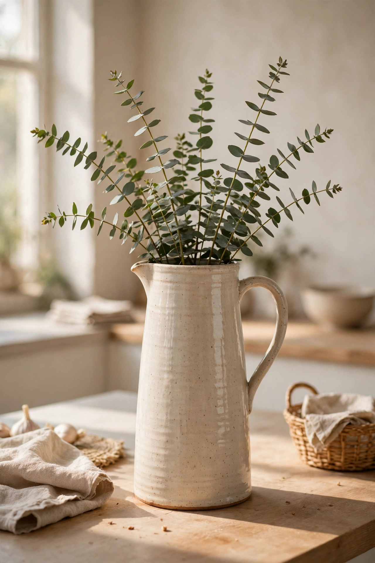 Eucalyptus sprigs in tall water pitcher on counter