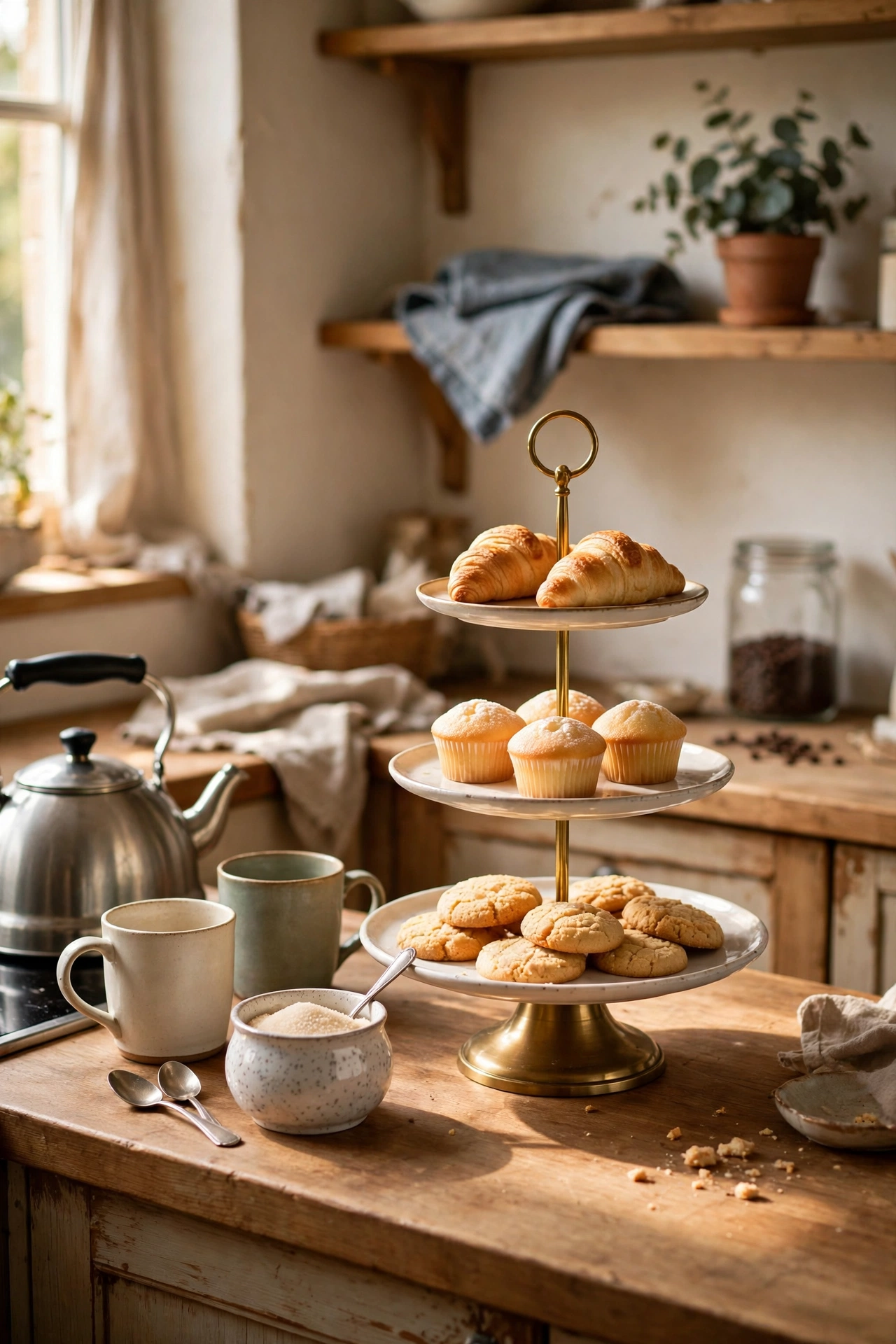 Tiered cake stand styled as kitchen coffee corner