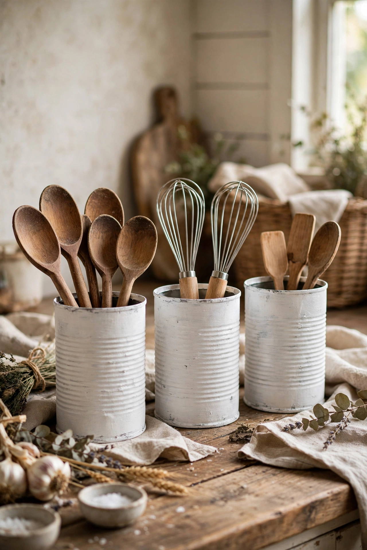 Painted tin cans used as rustic utensil storage