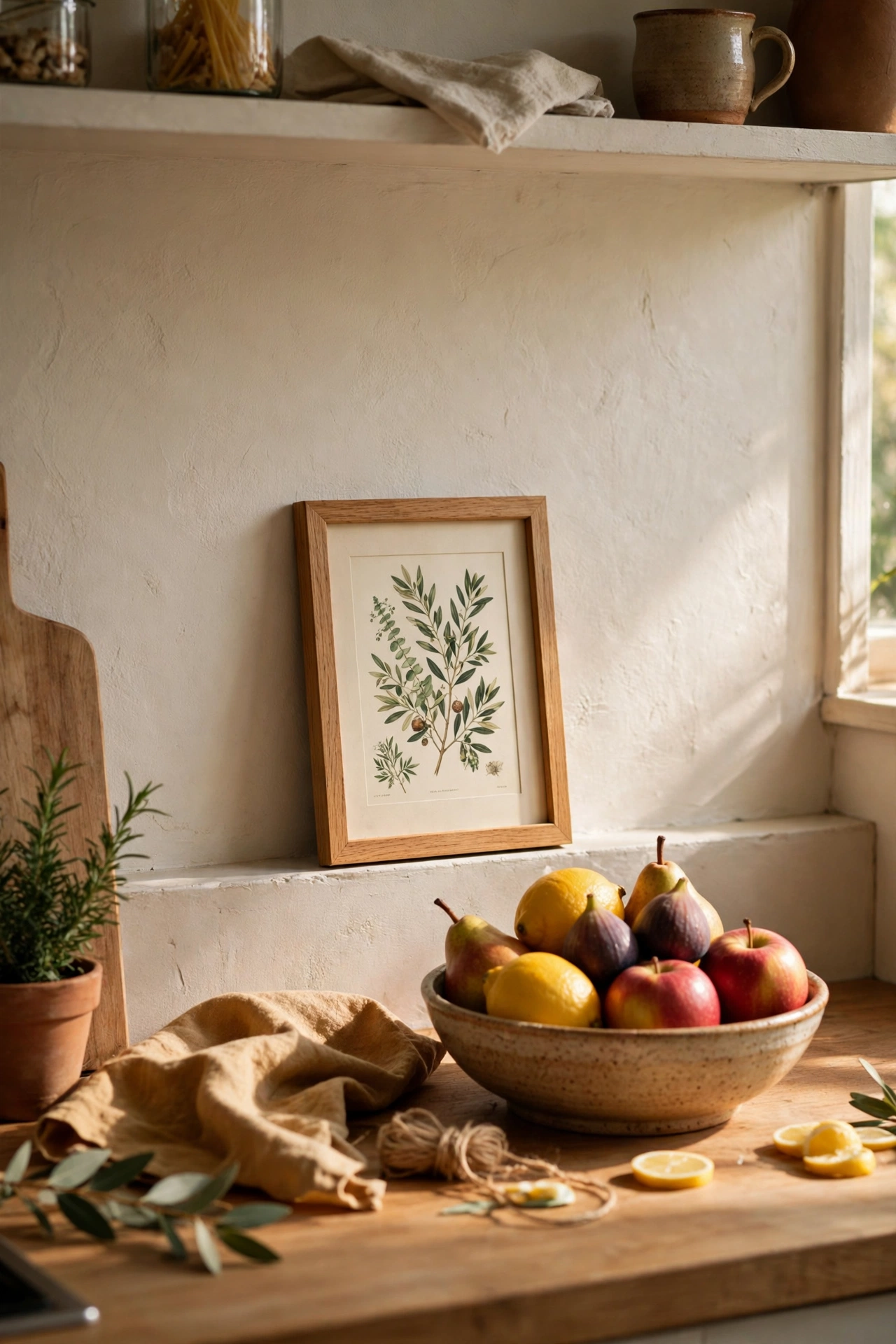 Small framed botanical print leaning on kitchen counter