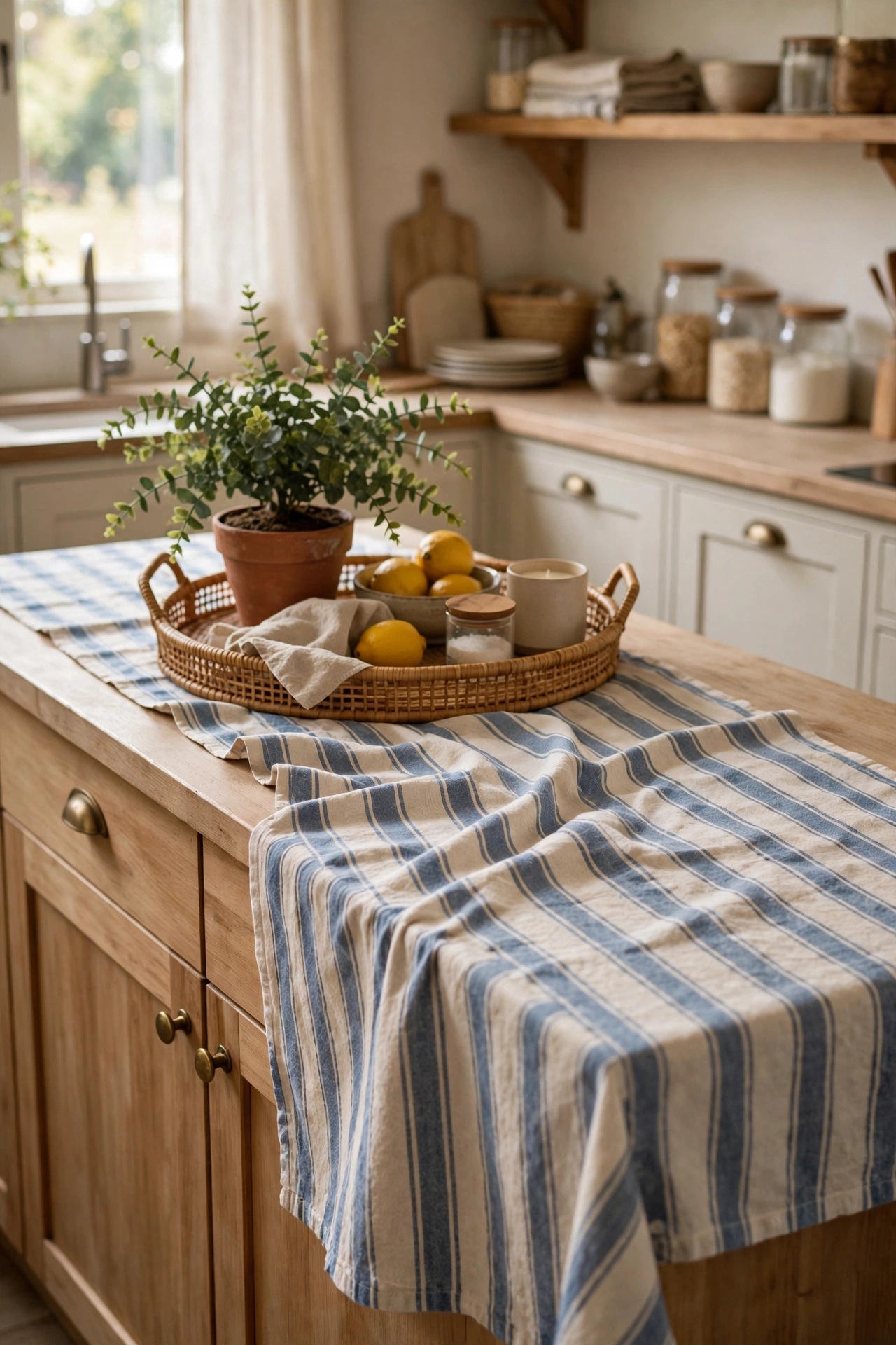 Striped cotton runner styled along kitchen island counter