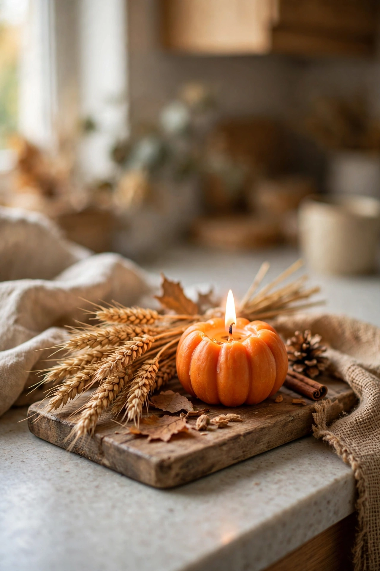 Seasonal mini vignette of pumpkin candle and wheat