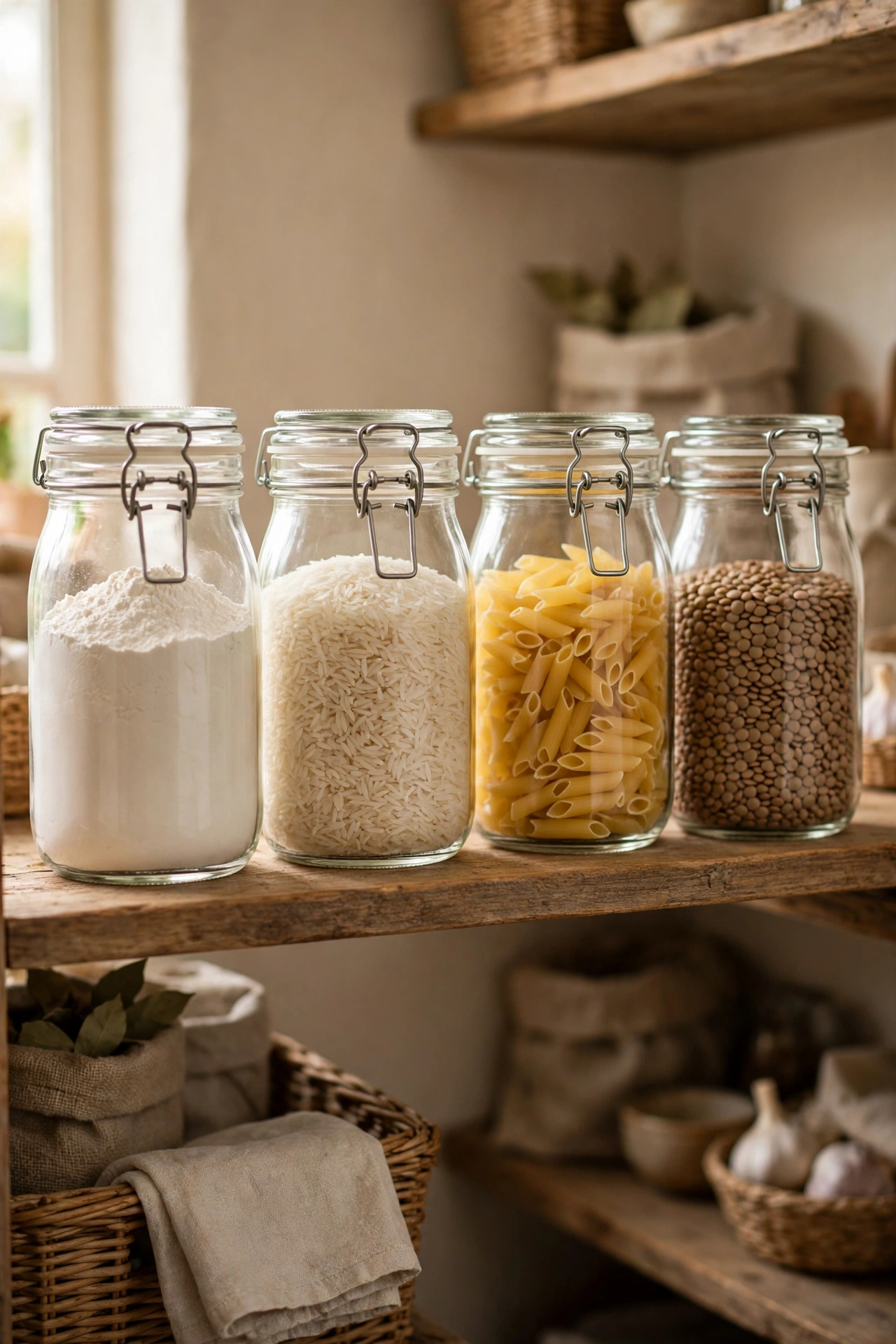 Glass jars of decanted dry goods on pantry shelf
