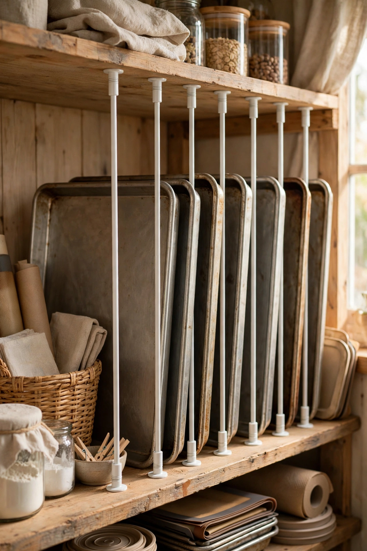 Tension rods dividing baking trays on pantry shelf
