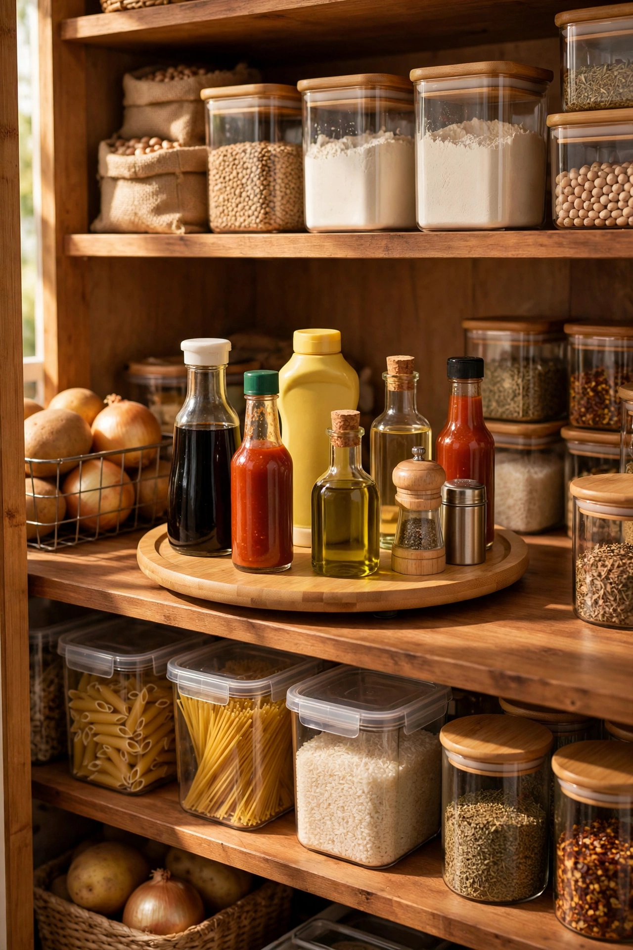 Lazy Susan turntable with condiments on deep shelf