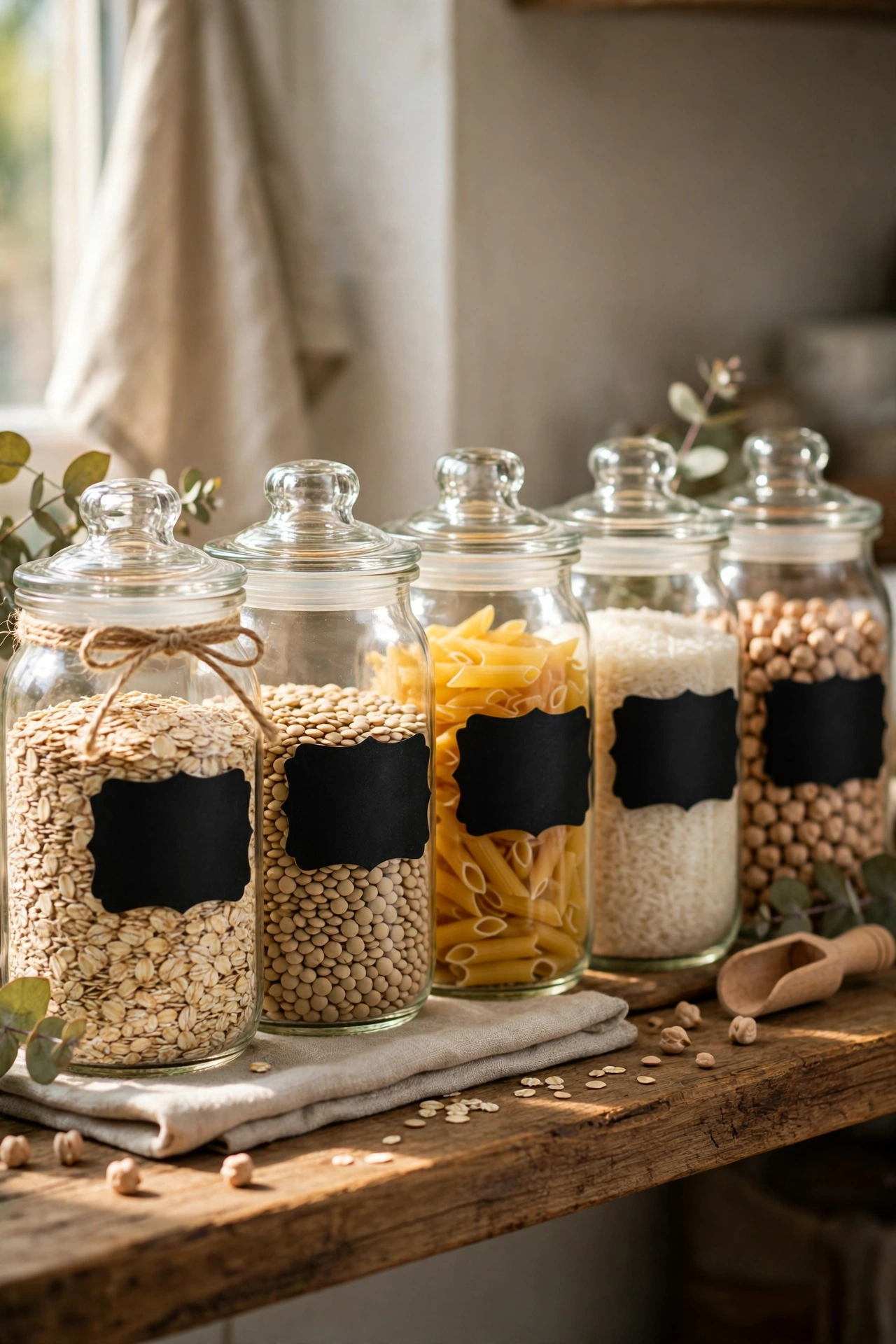 Handwritten chalk pen labels on pantry jars