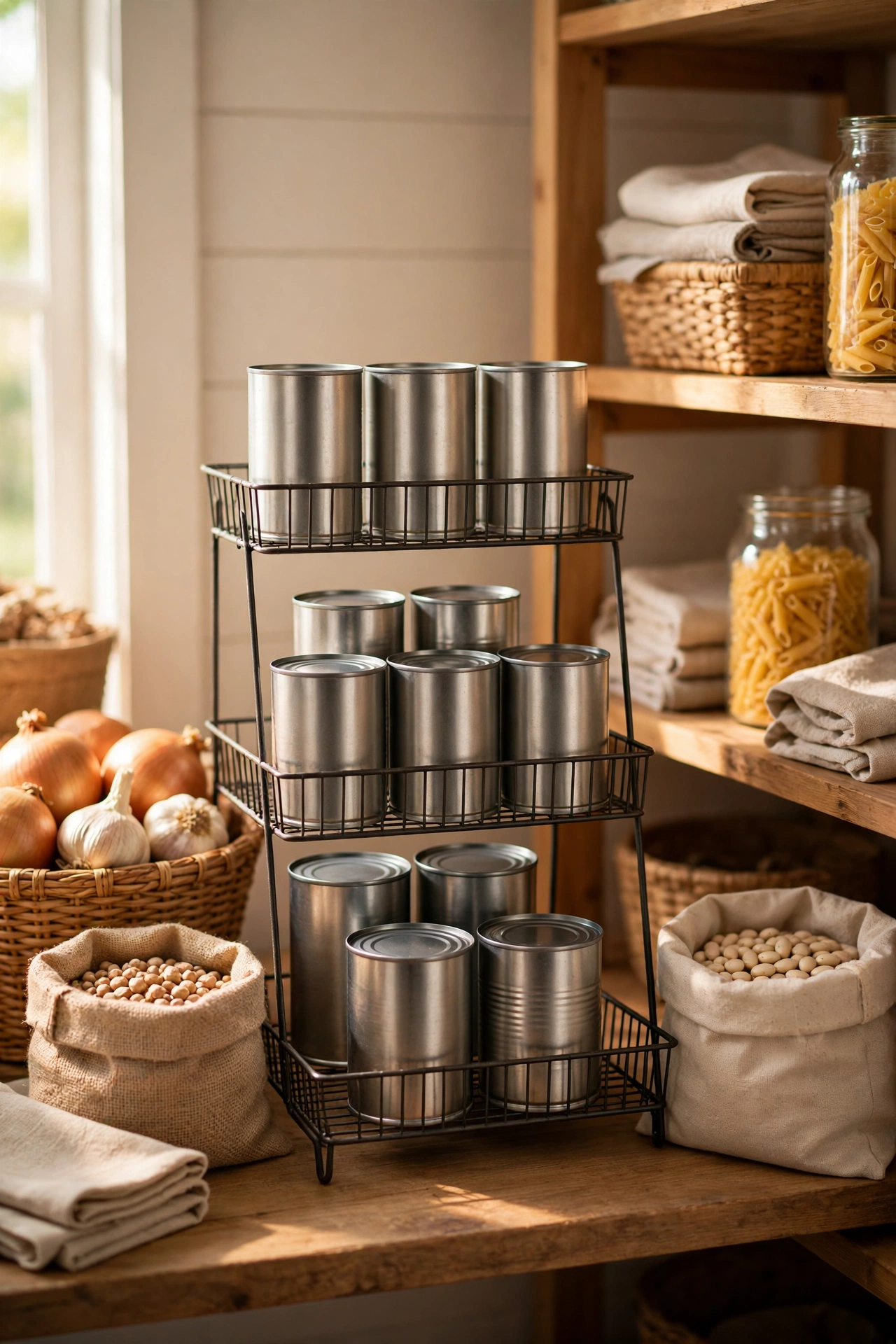 Tiered riser displaying tinned goods in pantry