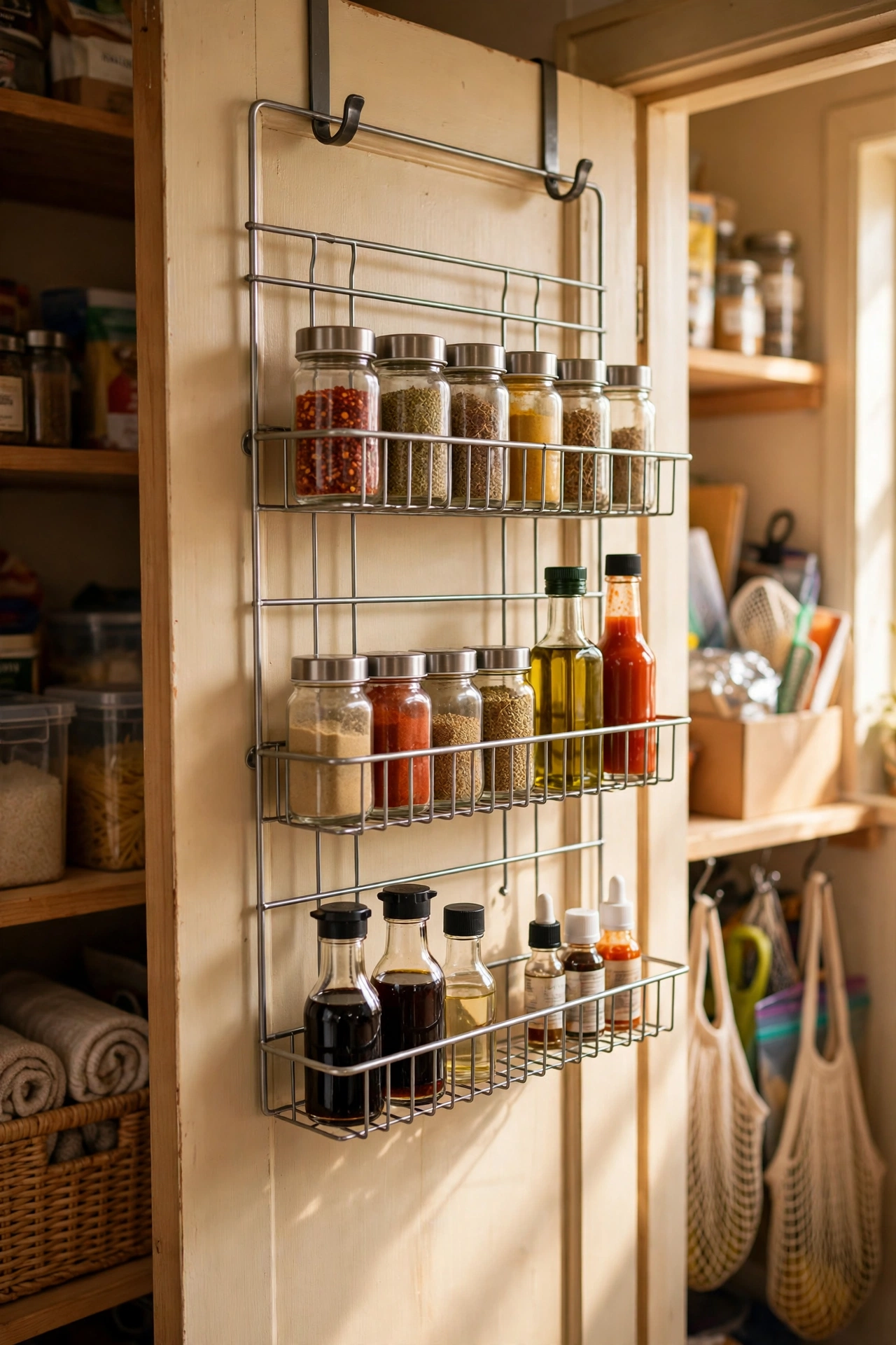 Over the door wire rack holding spices in pantry