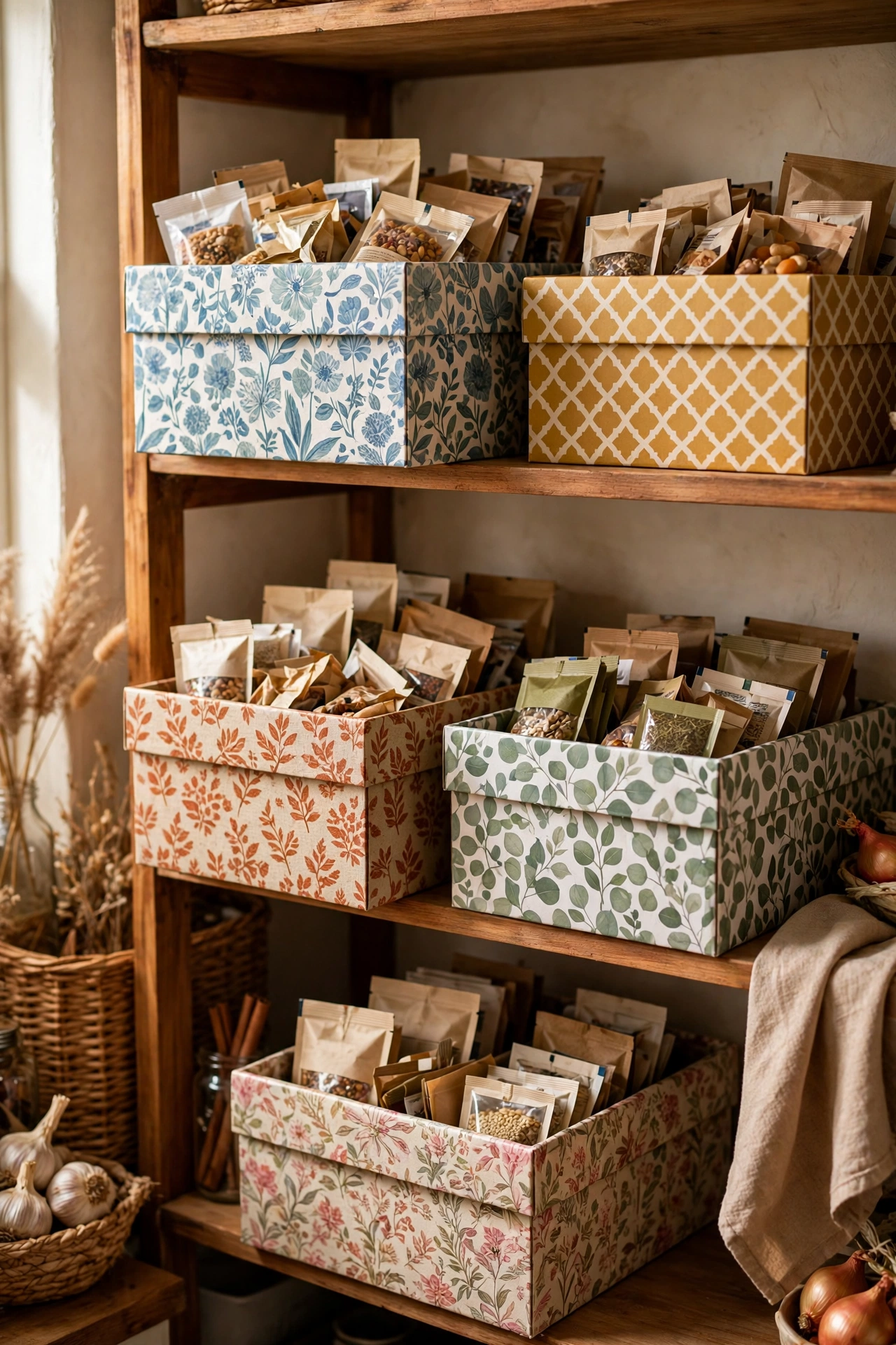 Decorated shoe boxes as pull out pantry bins