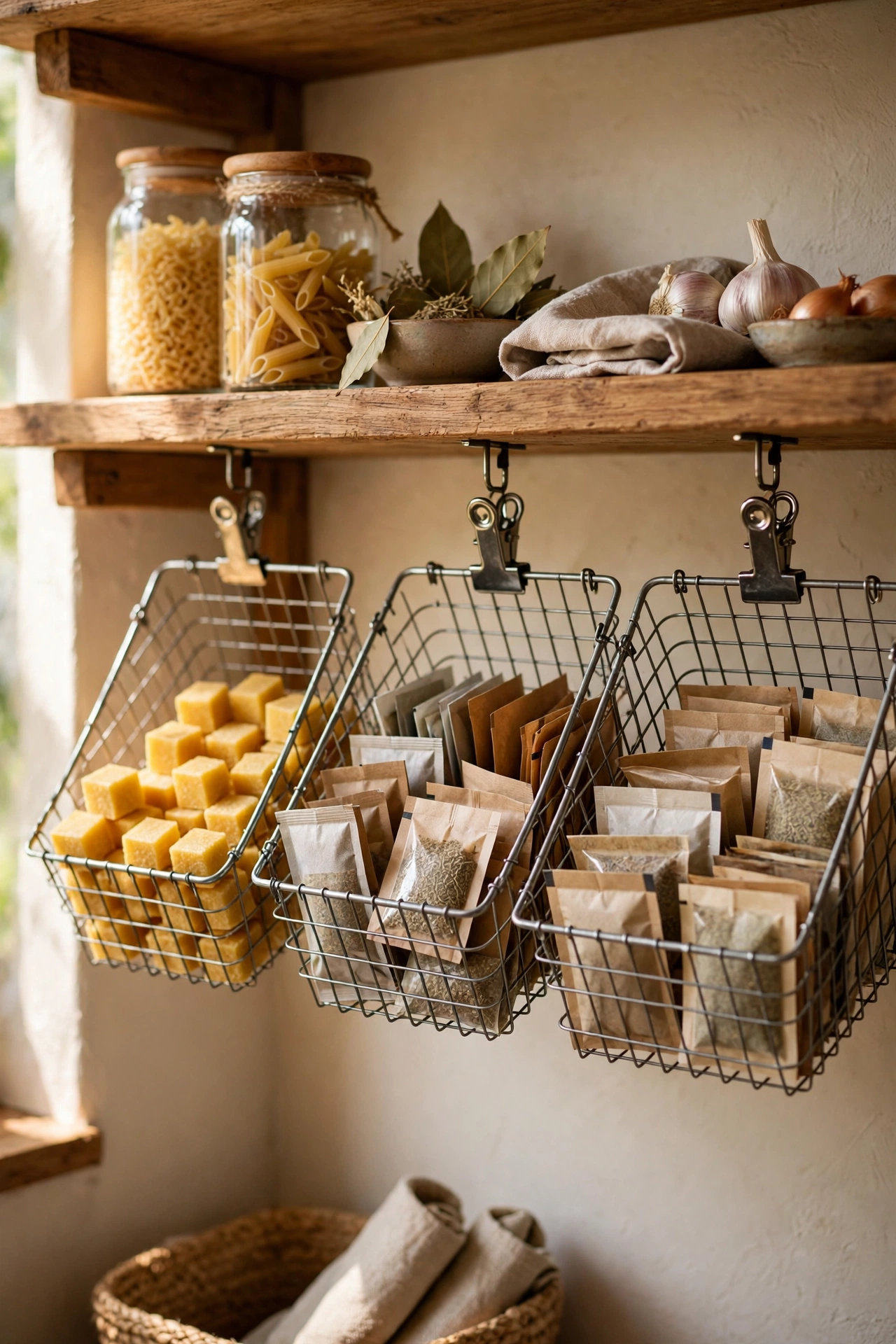 Clip on under shelf baskets holding sachets