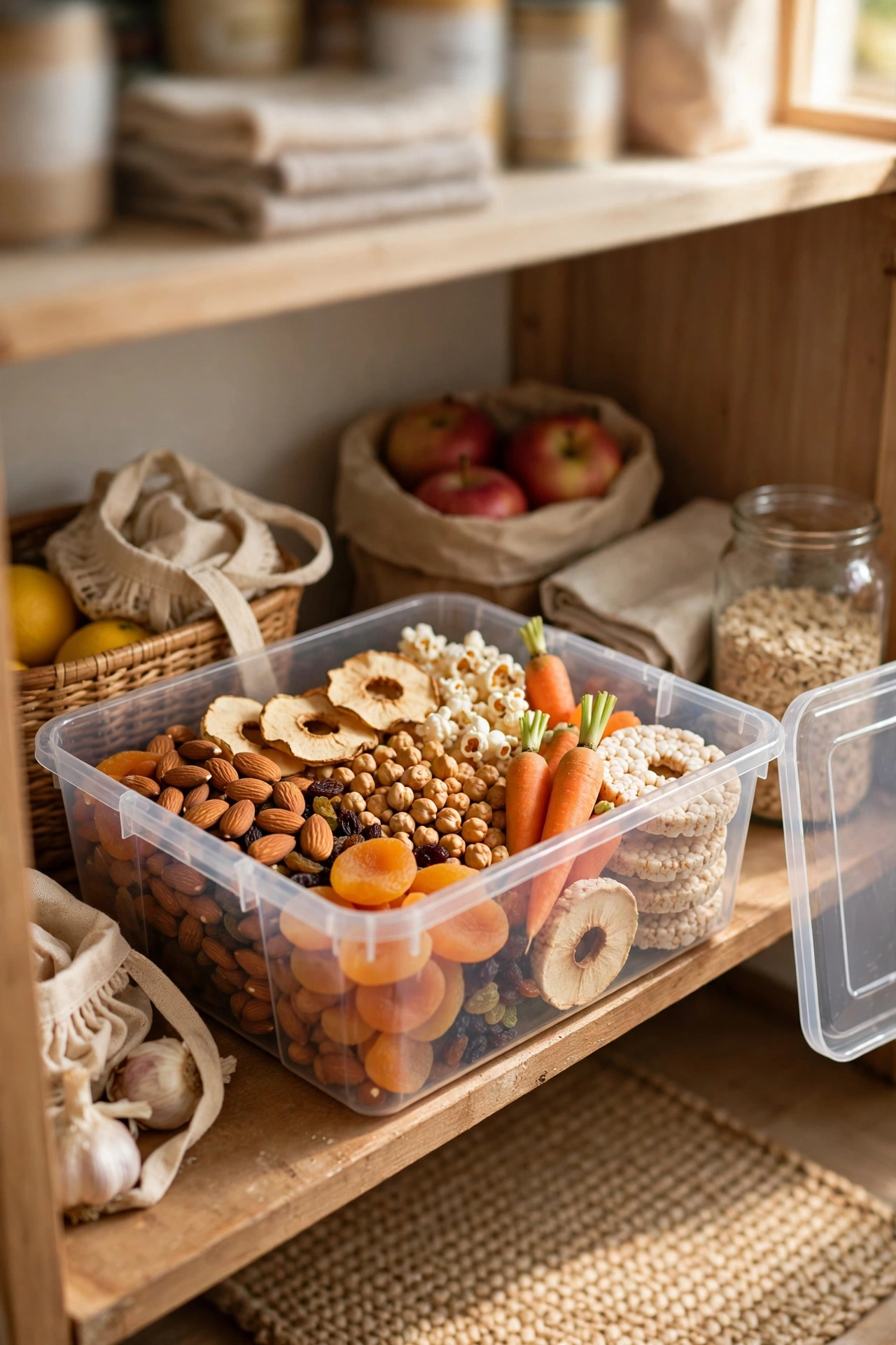 Clear grab and go snack bin on low pantry shelf