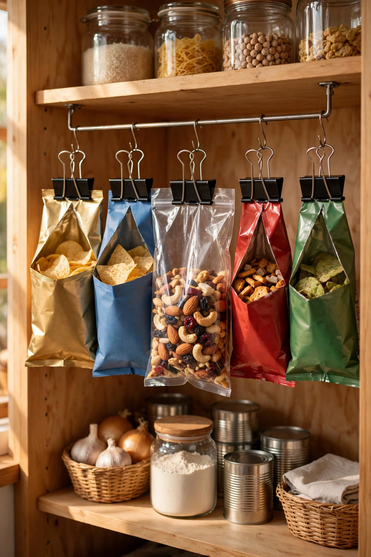 Bags of snacks hung from rod with binder clips