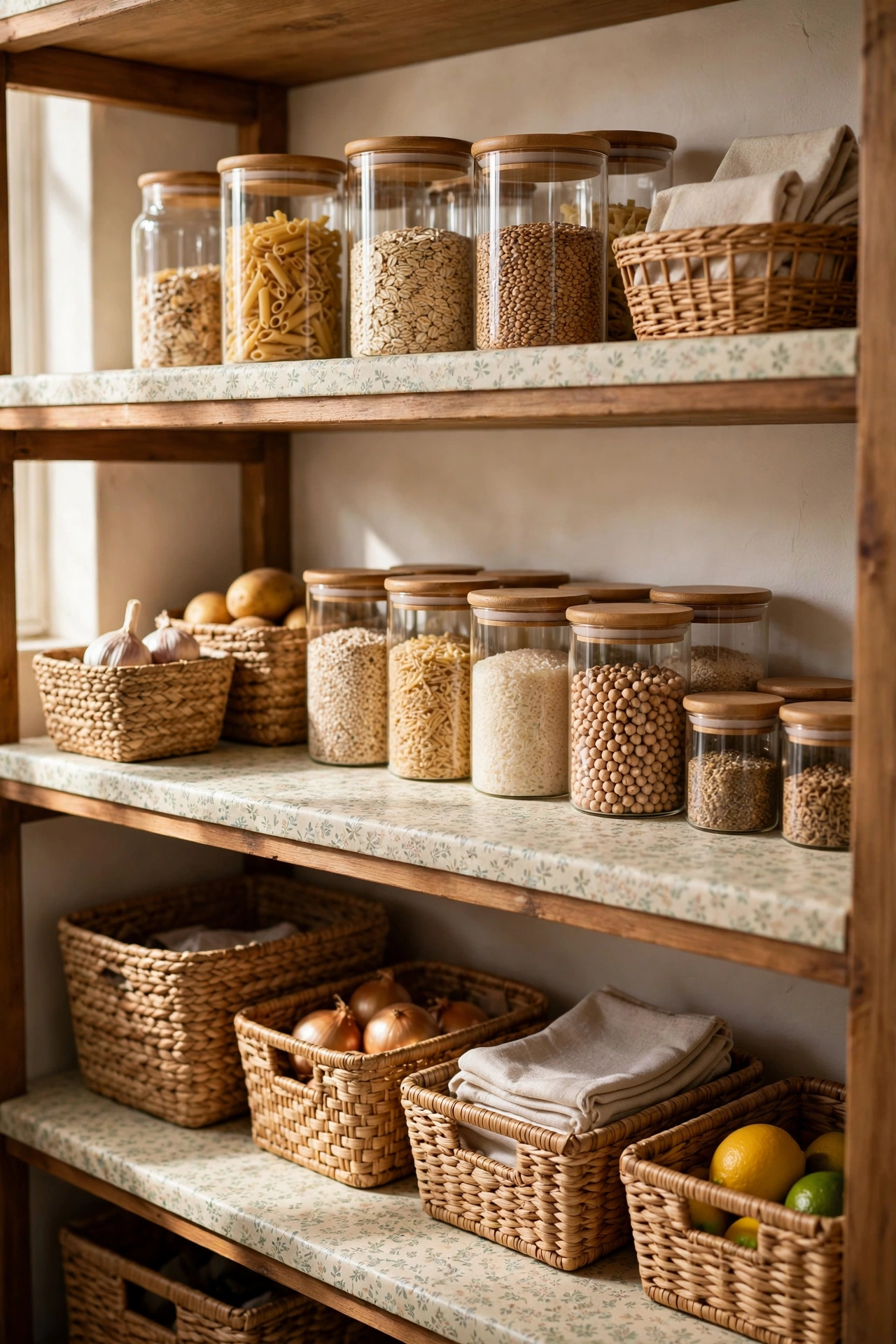 Pantry shelves lined with wipeable patterned liner