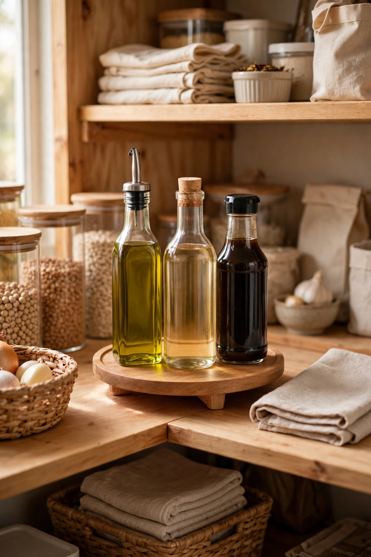 Small turntable of oils and vinegars in pantry