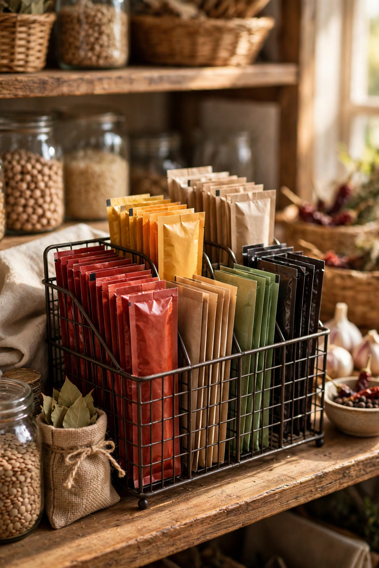 Desktop file sorter organising seasoning sachets upright