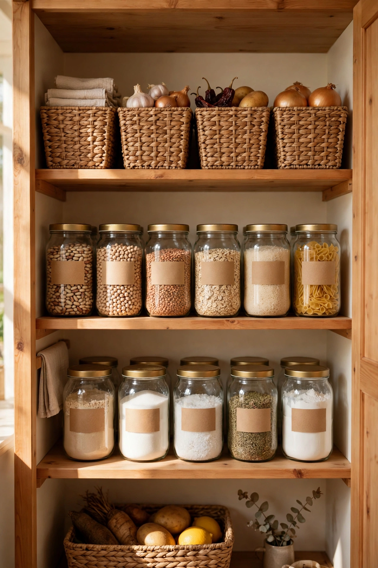 Tidy pantry after monthly reset with labels forward