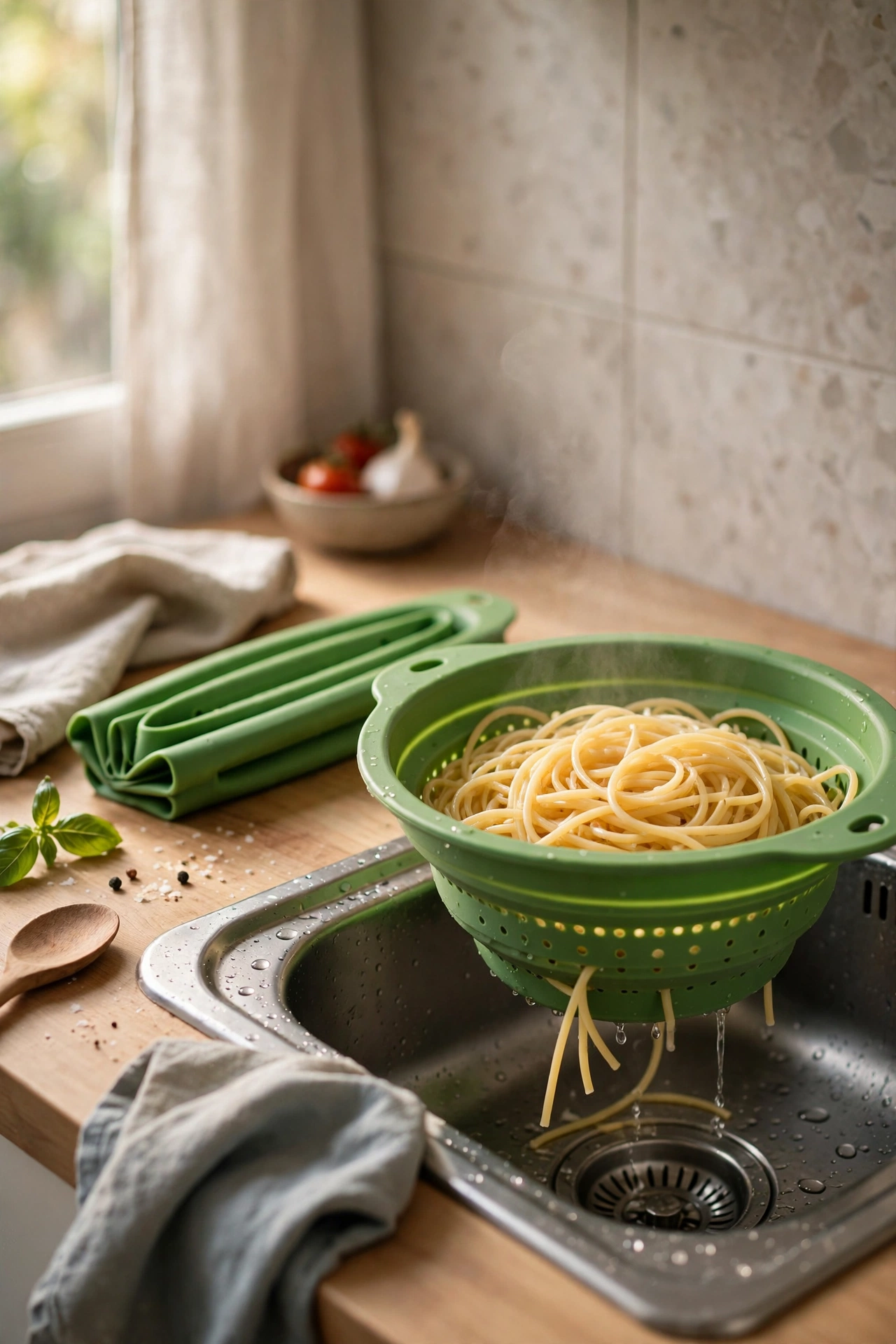 Green silicone collapsible colander folding flat in small kitchen