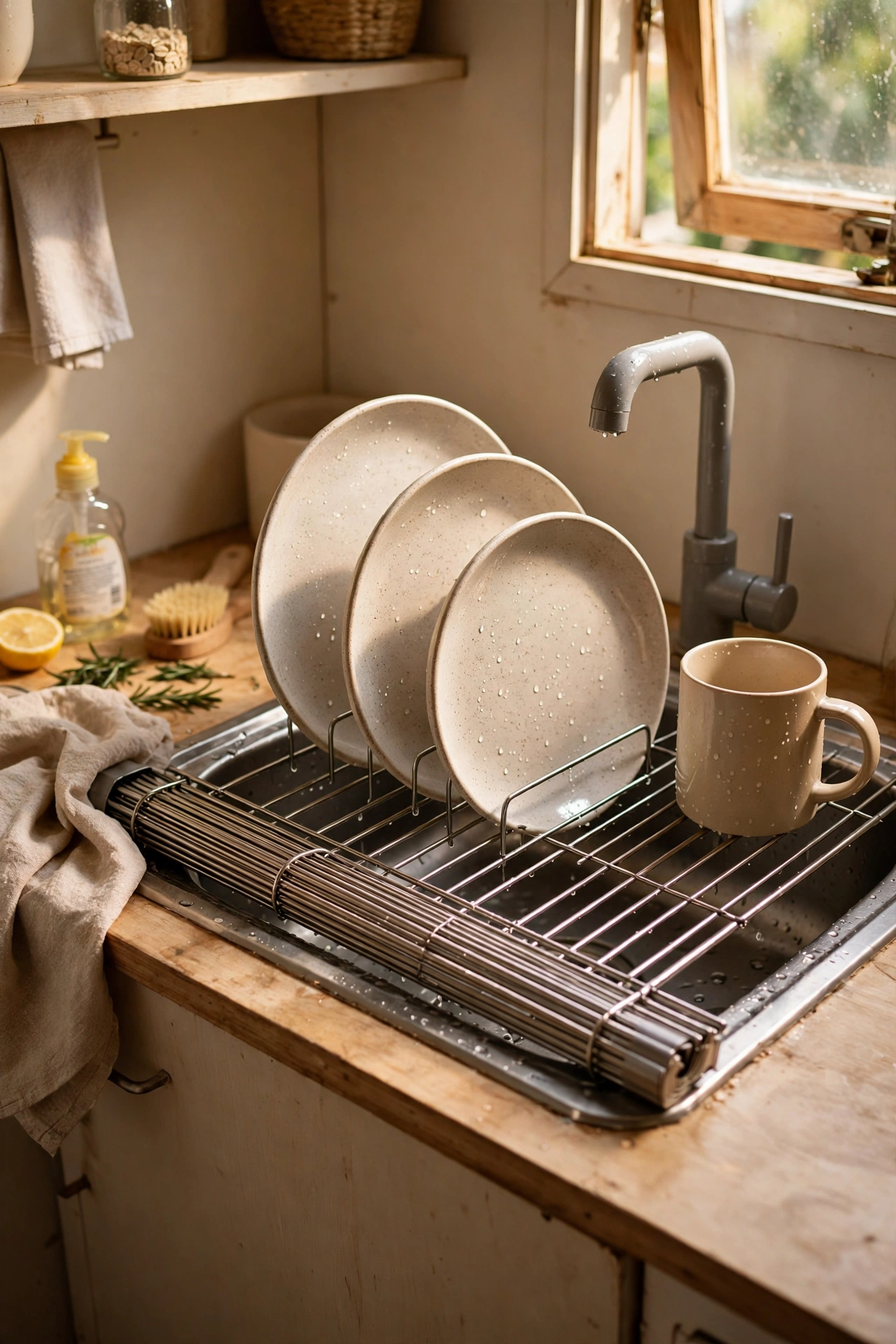 Stainless roll-up dish drying rack over small kitchen sink