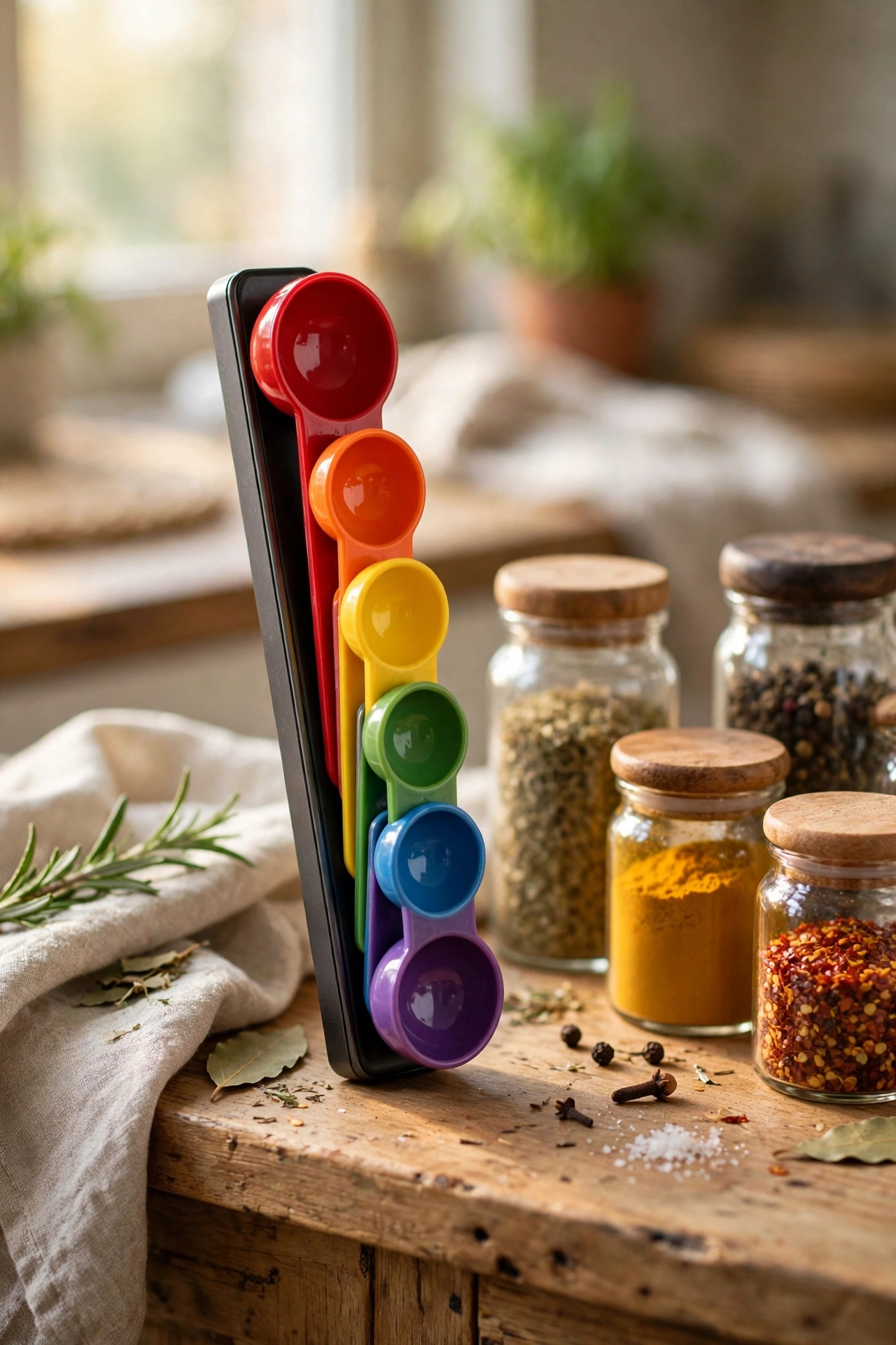 Stacked magnetic measuring spoons on small kitchen counter
