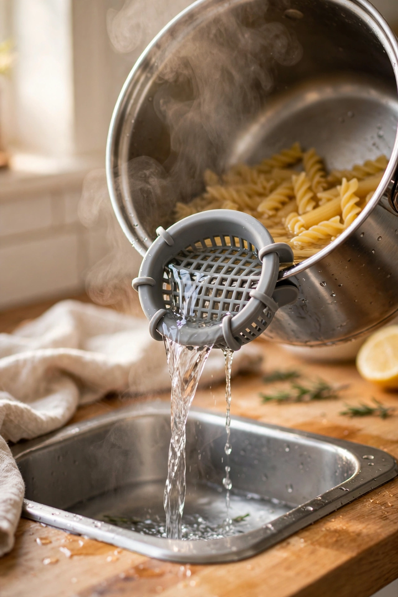Silicone clip-on strainer attached to pot rim draining pasta