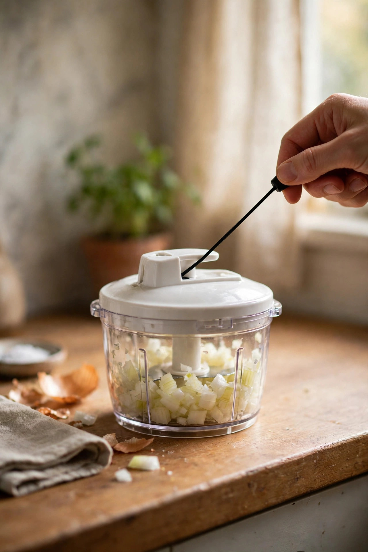 Compact manual pull-string food chopper dicing onions