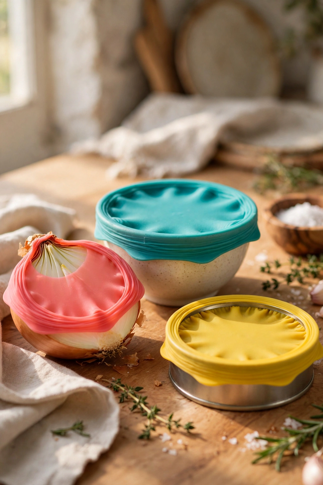Silicone stretch lids sealing bowls and half-cut vegetables