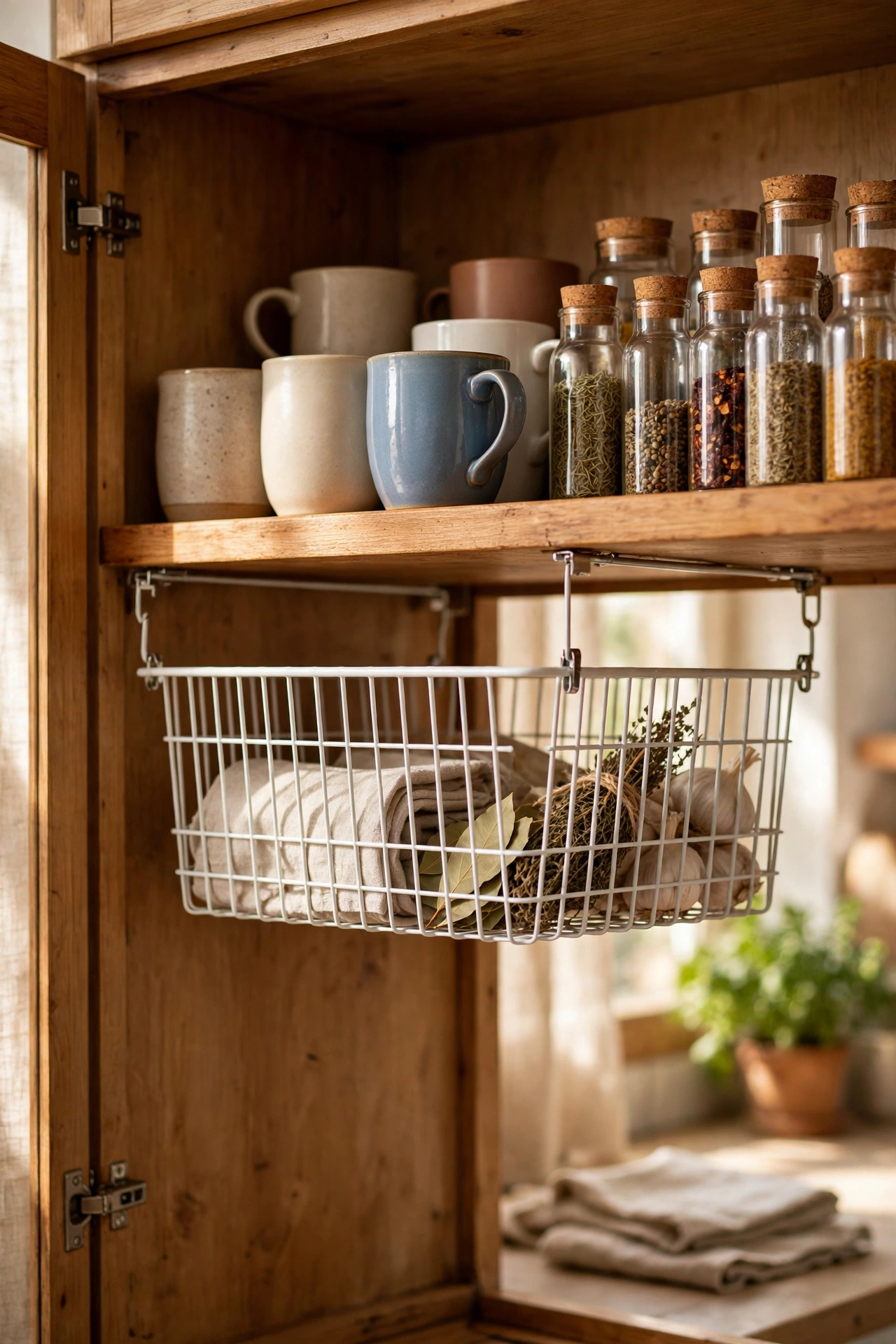Wire under-shelf hanging basket holding mugs in cupboard
