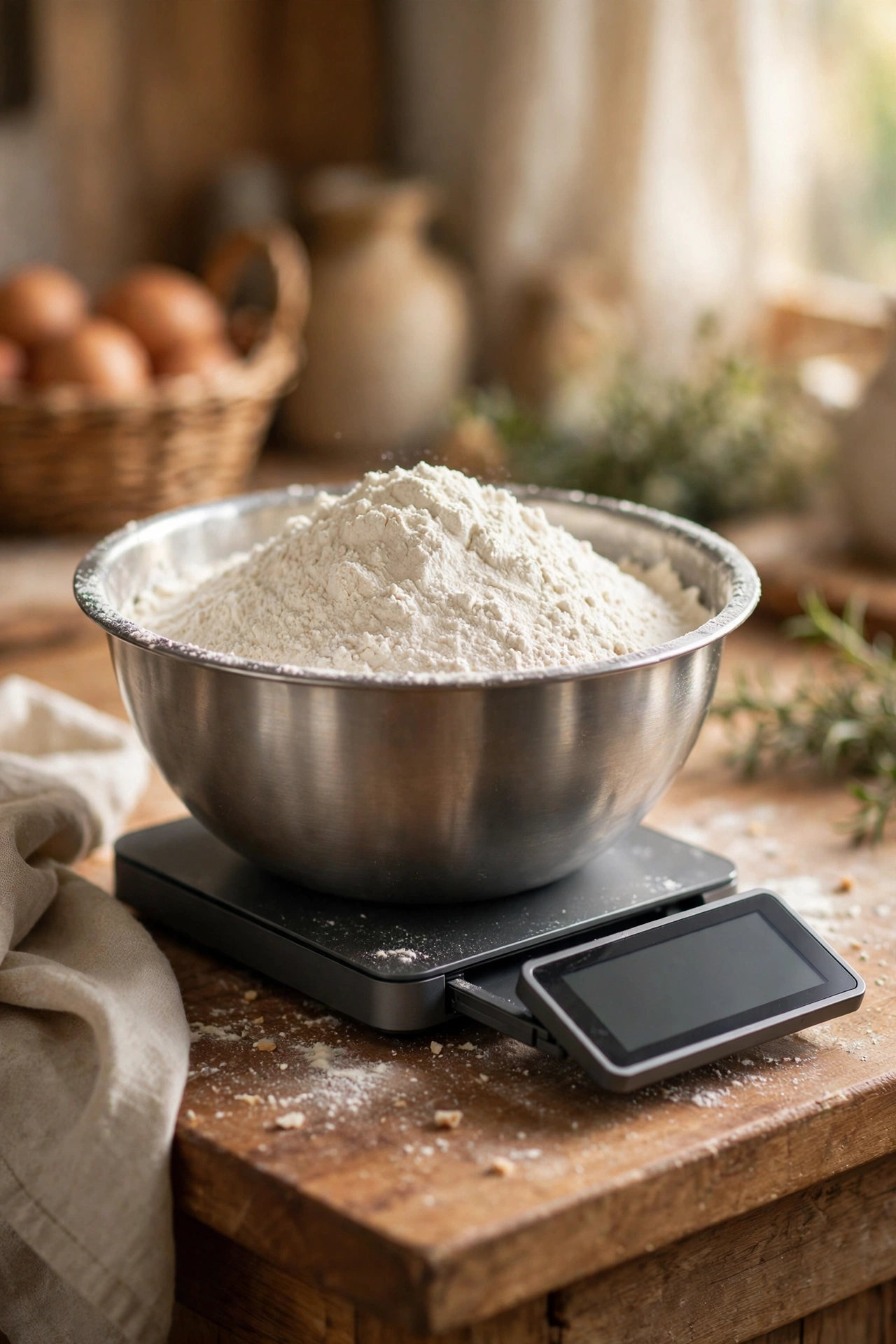 Slim digital kitchen scale weighing flour in mixing bowl