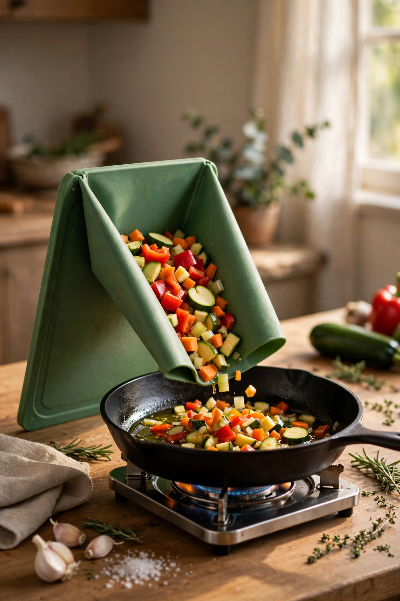 Foldable cutting board with sides folded tipping veg into pan