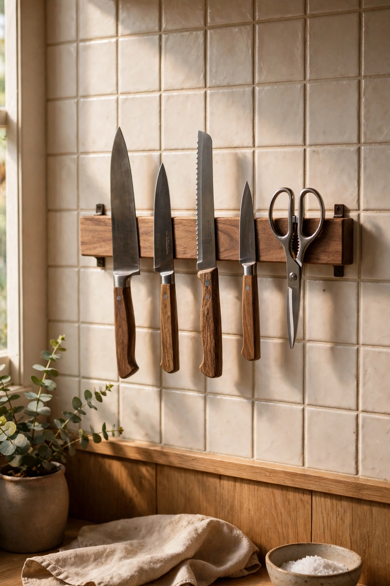 Magnetic knife bar mounted on small kitchen wall with knives