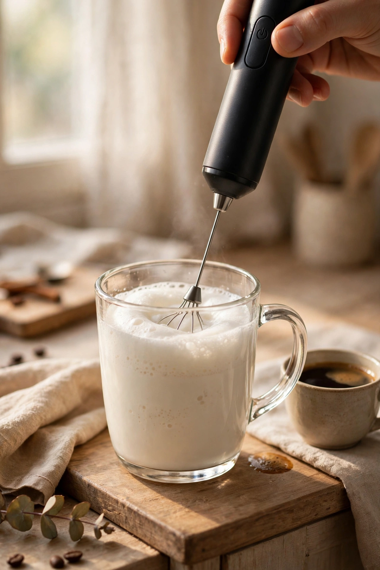 Handheld electric milk frother whisking latte milk