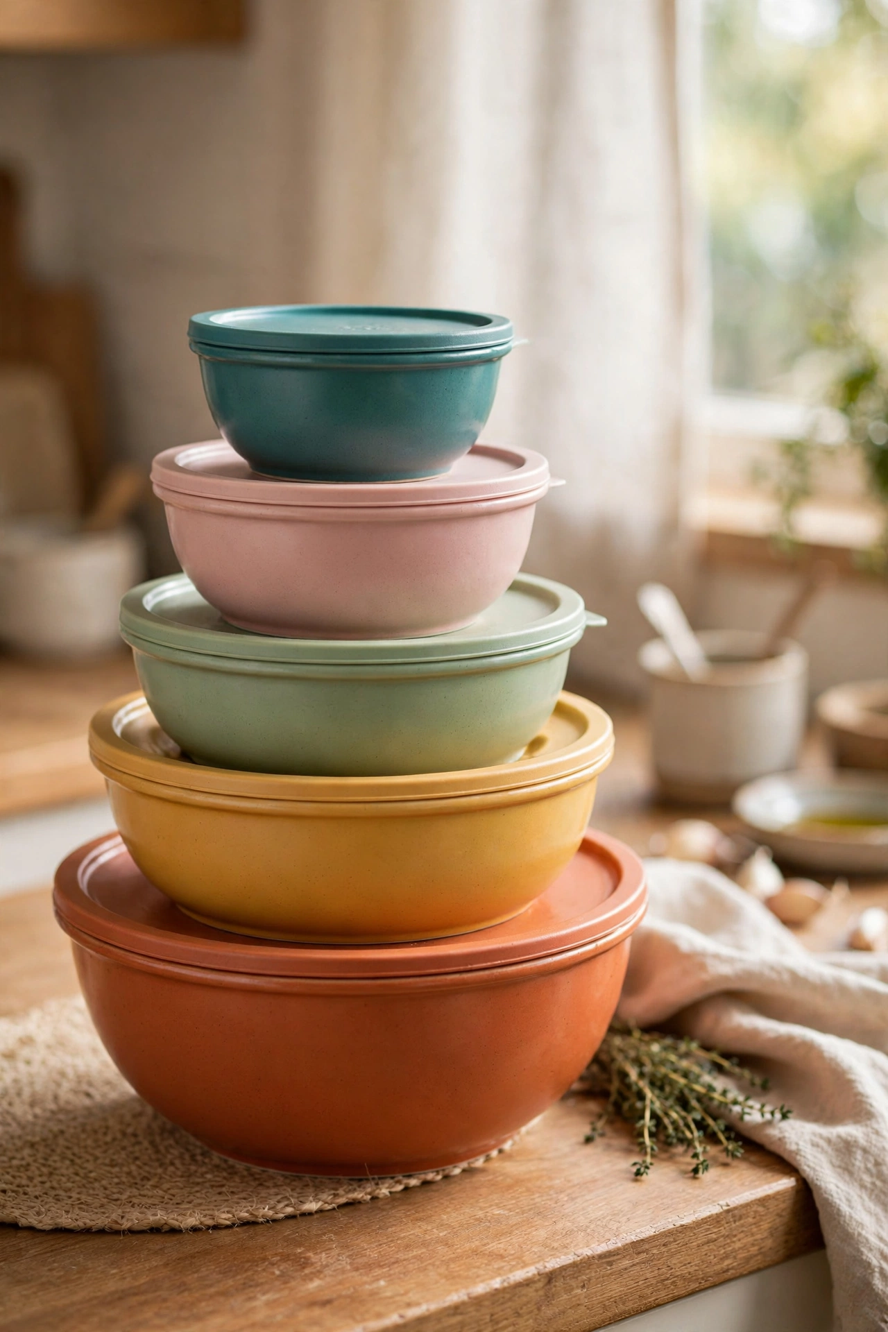 Nesting mixing bowls with lids stacked inside each other