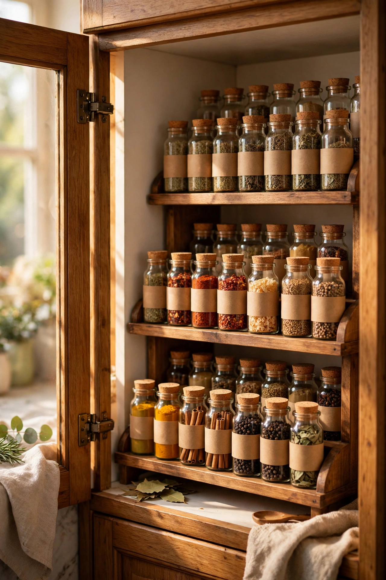 Tiered spice rack organiser inside kitchen cupboard with jars