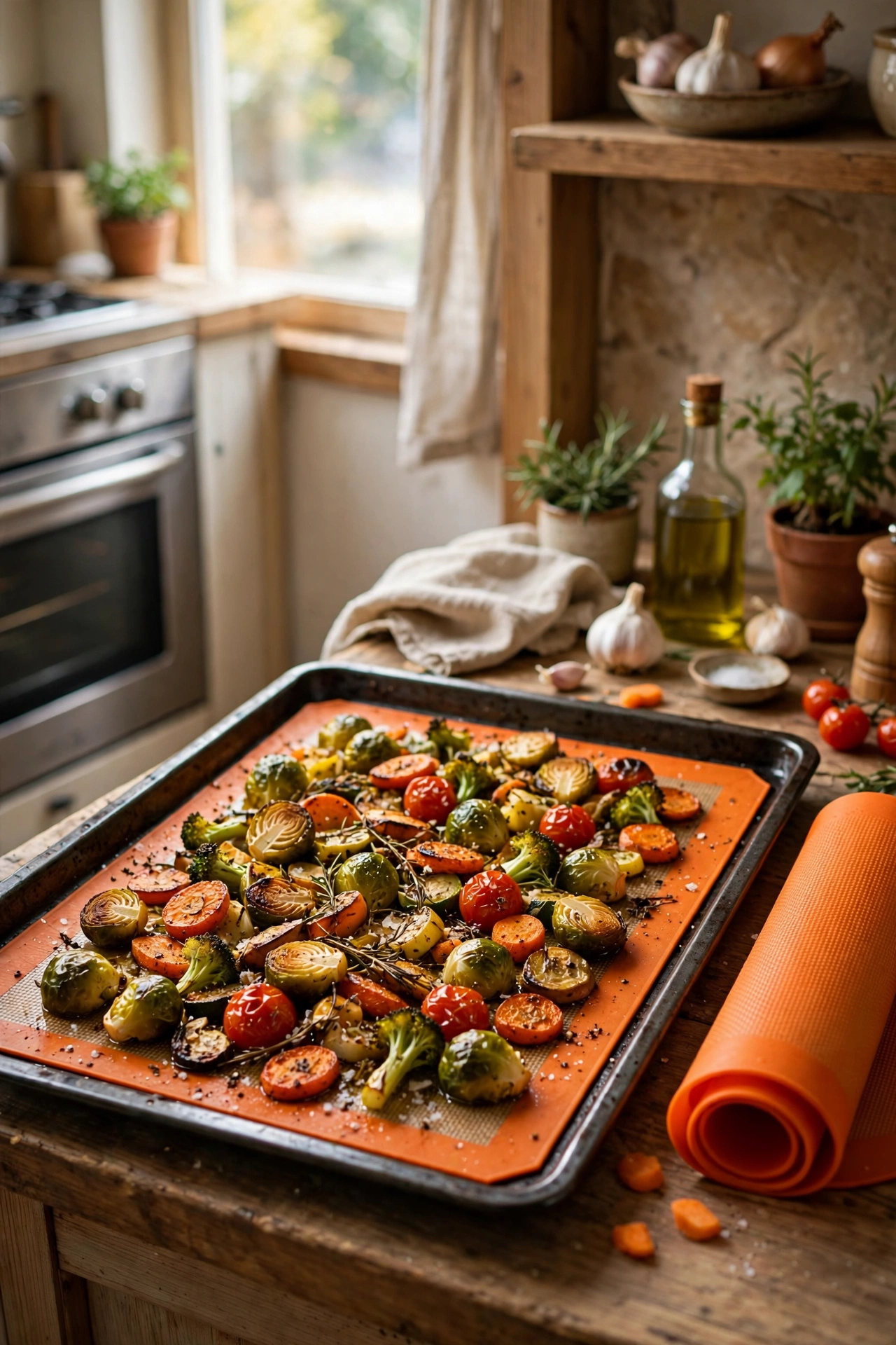 Reusable silicone baking mats with roasted vegetables on tray
