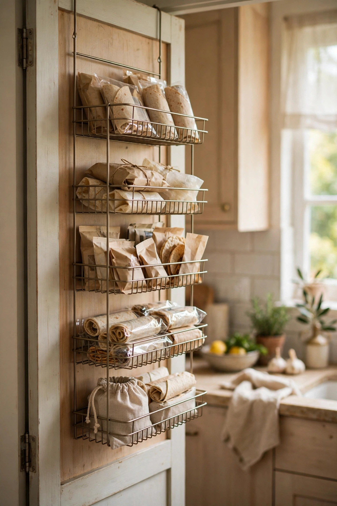 Over-door wire pantry organiser hung inside cupboard door