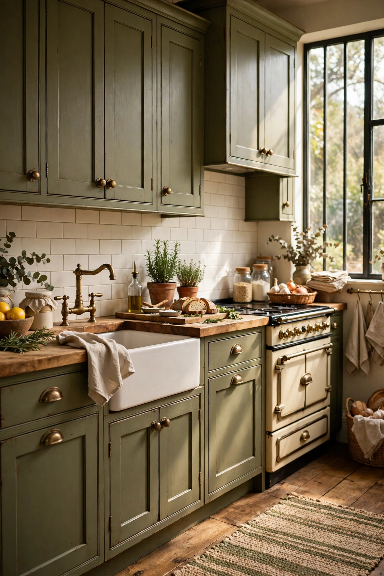 Olive green shaker kitchen cabinets with brass cup pulls