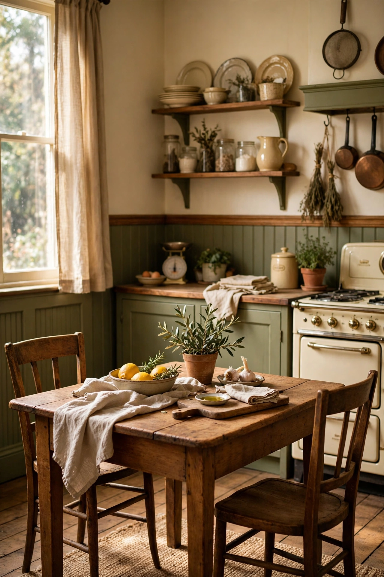 Two-tone kitchen walls olive green below cream above