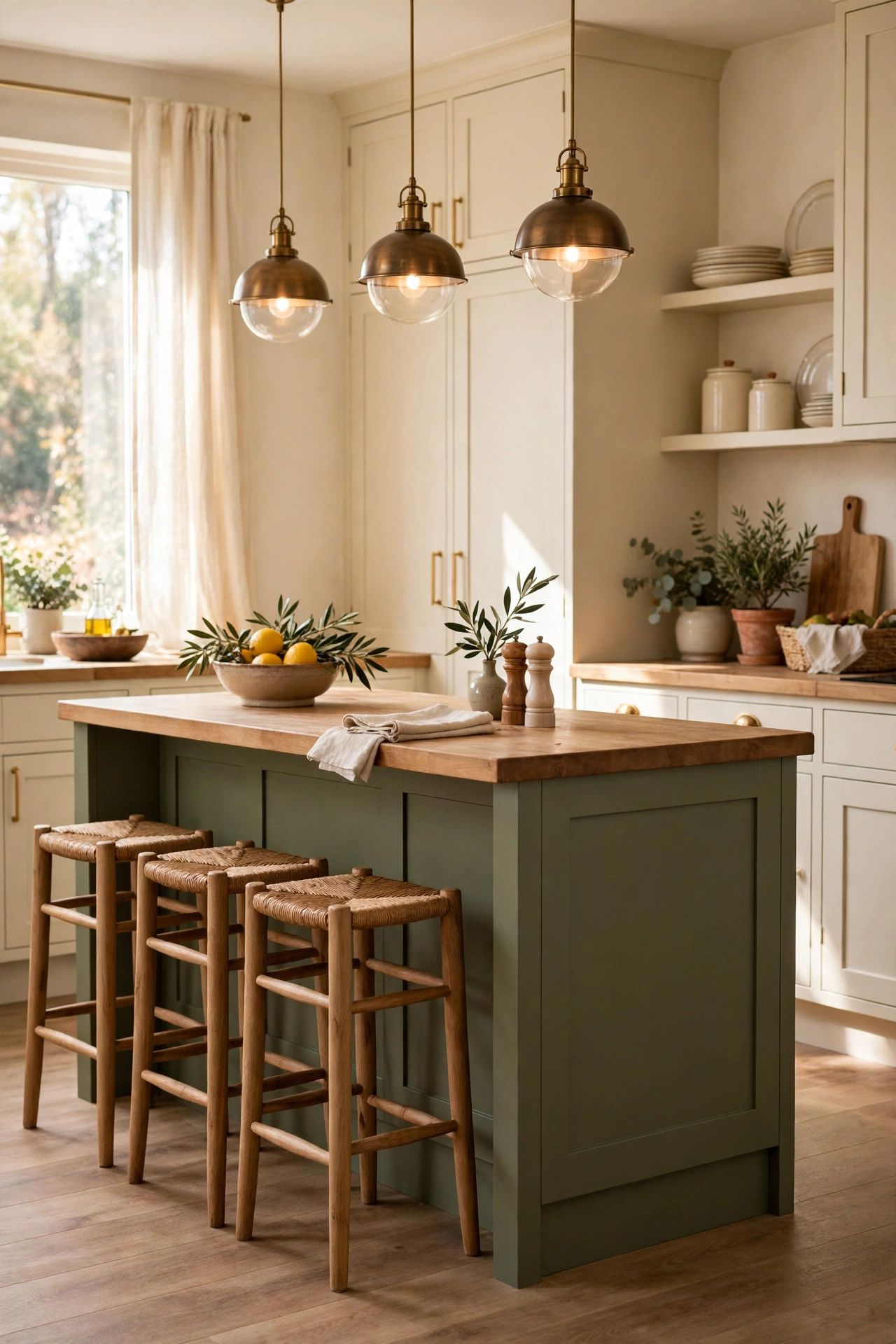 Olive green painted kitchen island with wooden stools