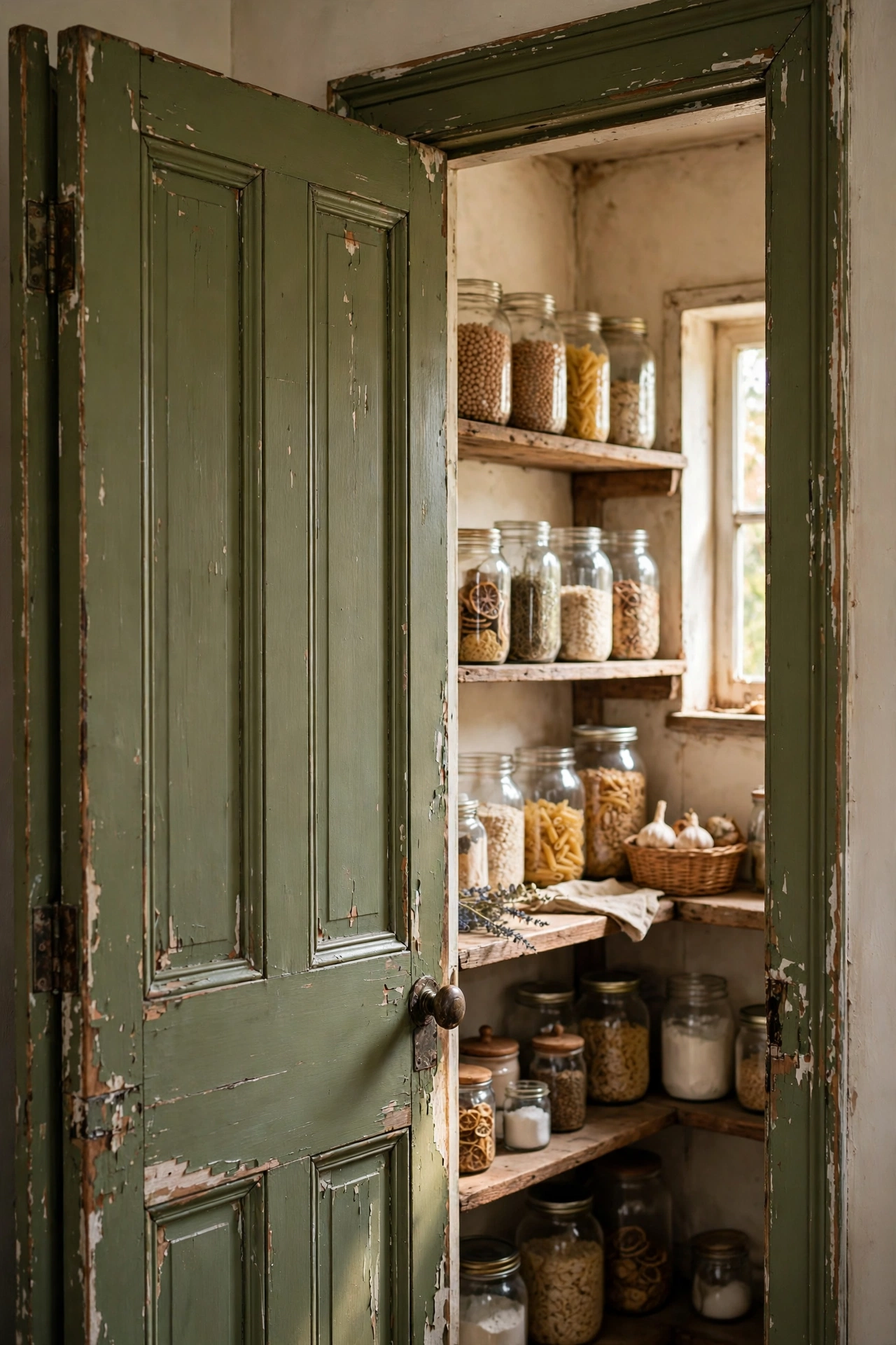 Distressed olive green painted vintage pantry door