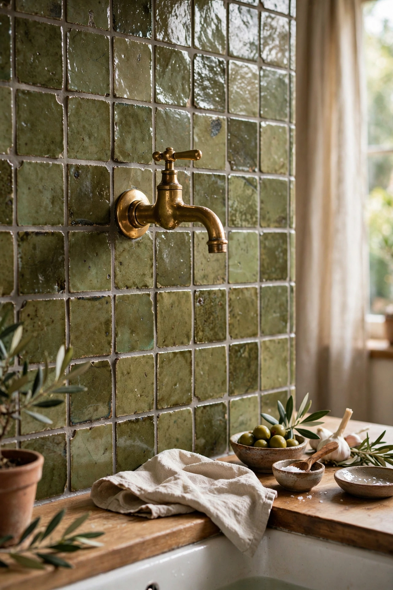 Olive green zellige-look tile kitchen splashback