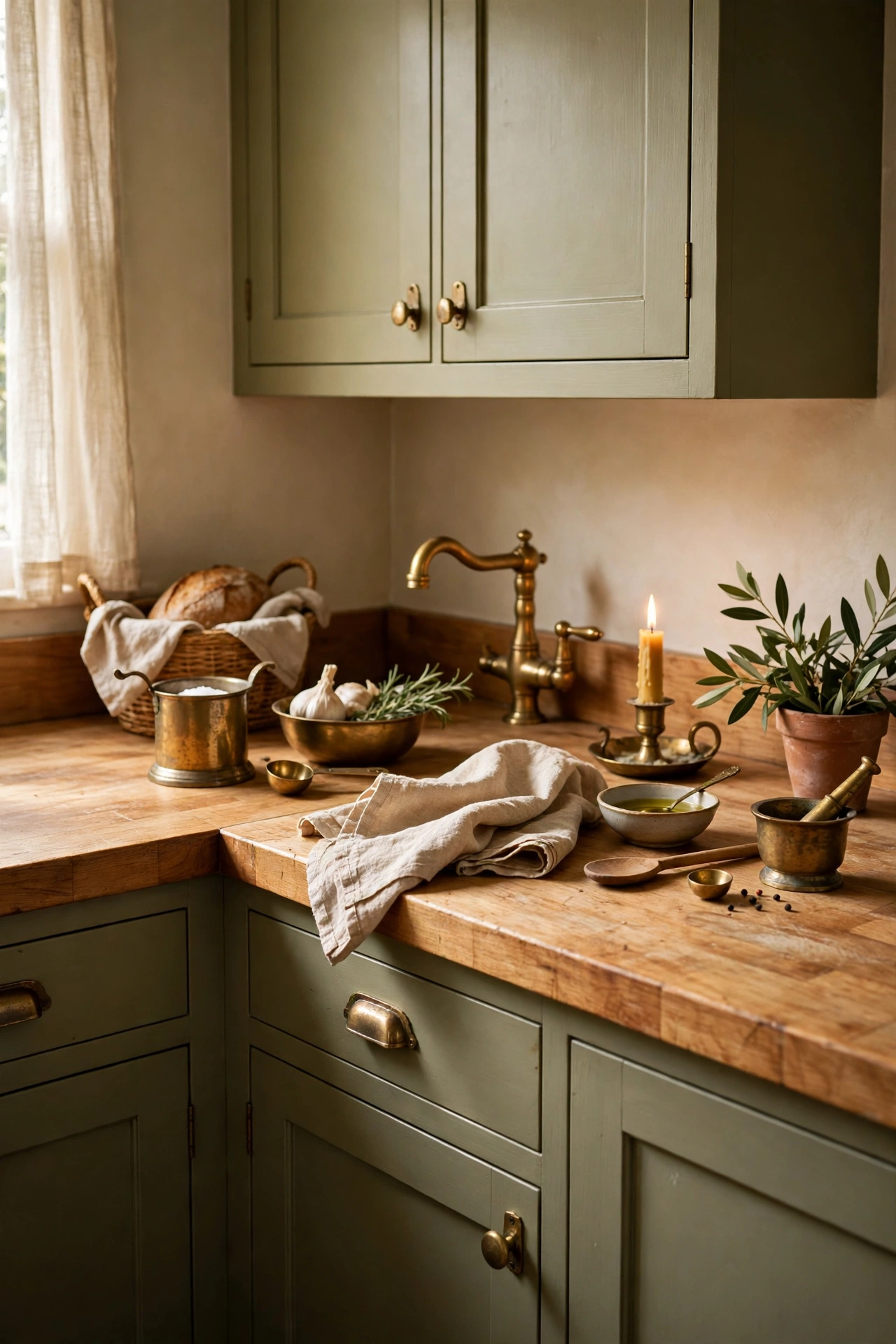 Butcher block worktops against olive green kitchen units