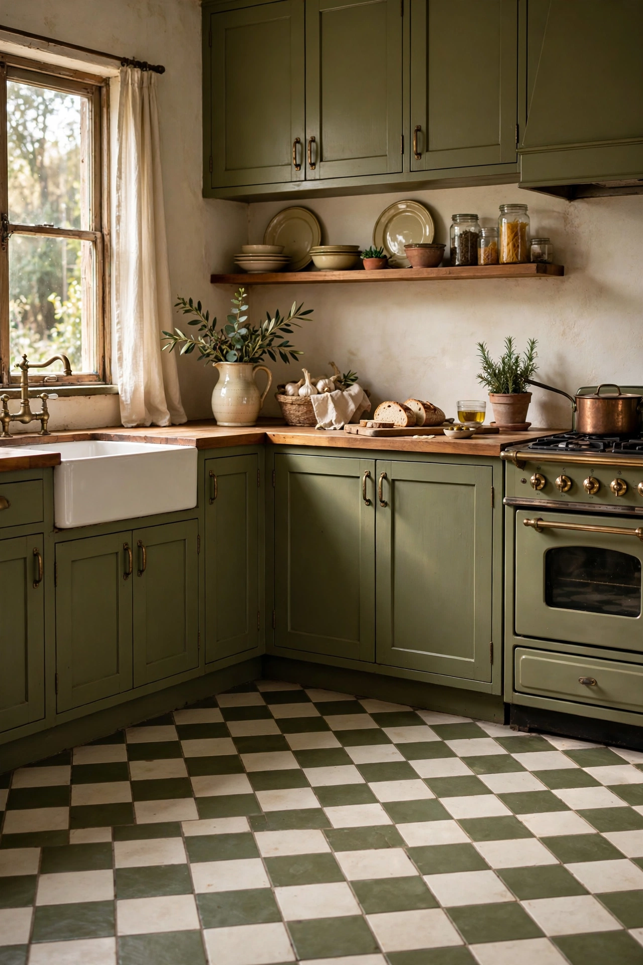 Olive and cream checkerboard vinyl floor in vintage kitchen