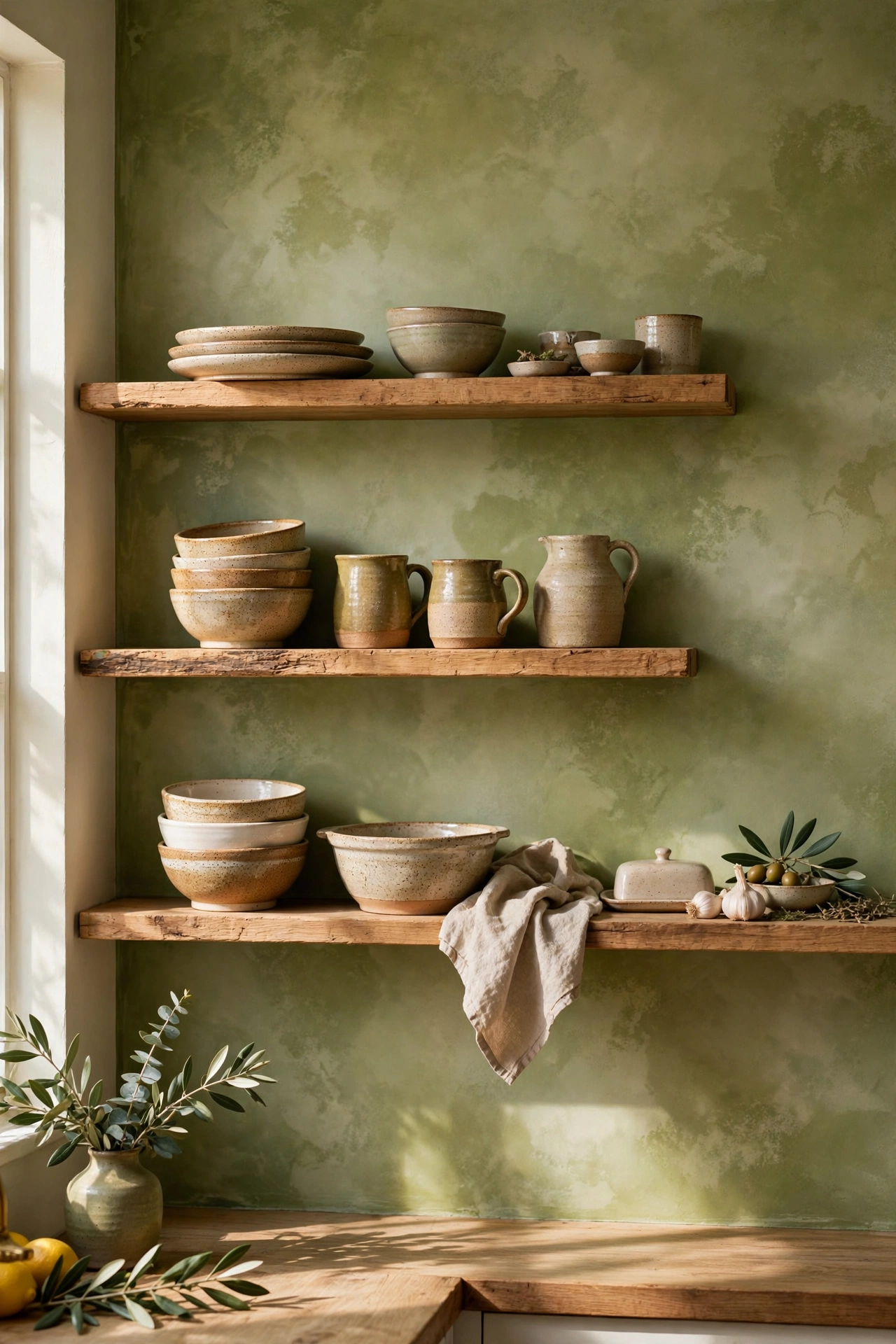 Limewashed olive green accent wall with cloudy texture
