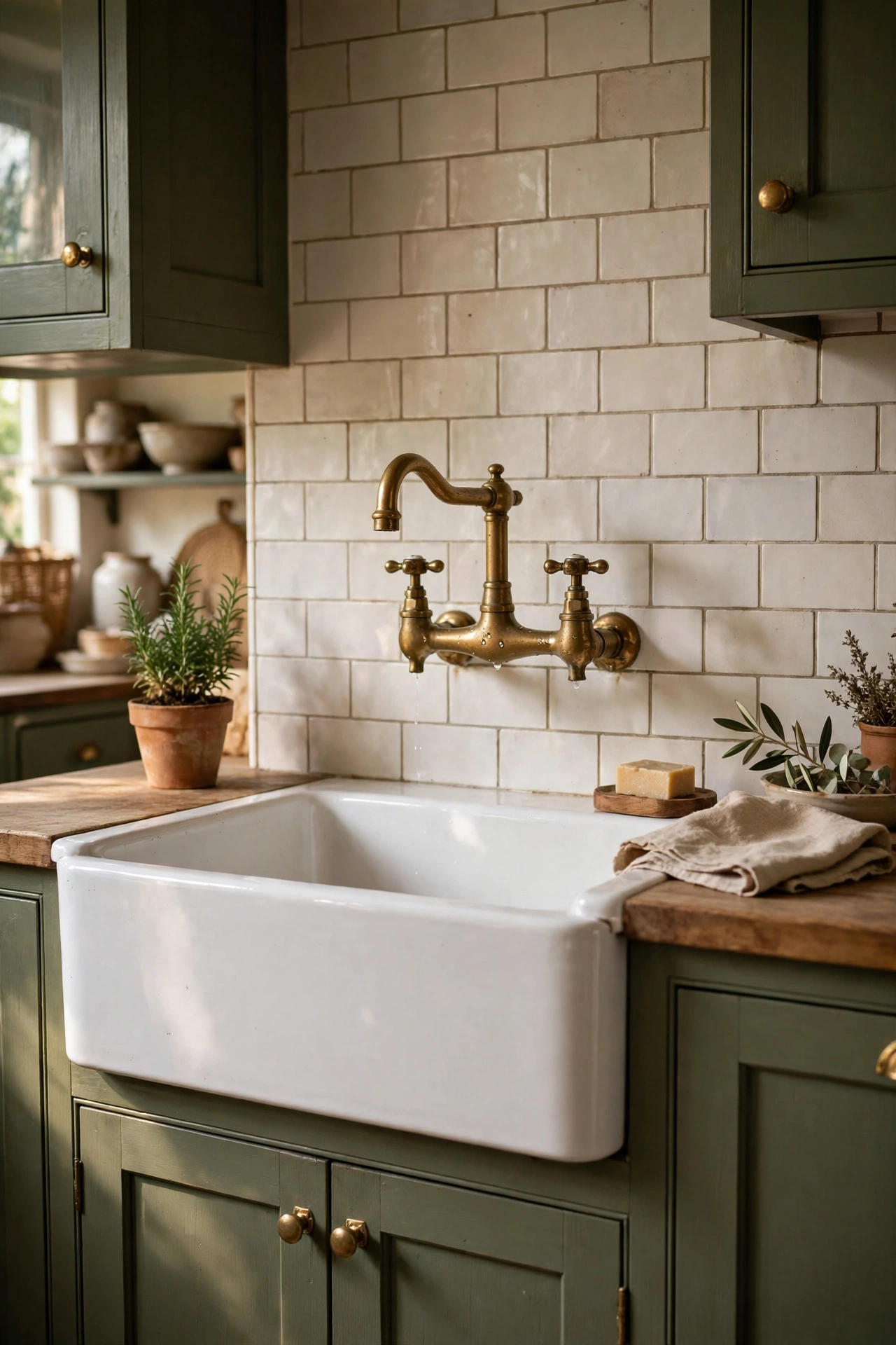 Antique brass tap over olive green butler sink