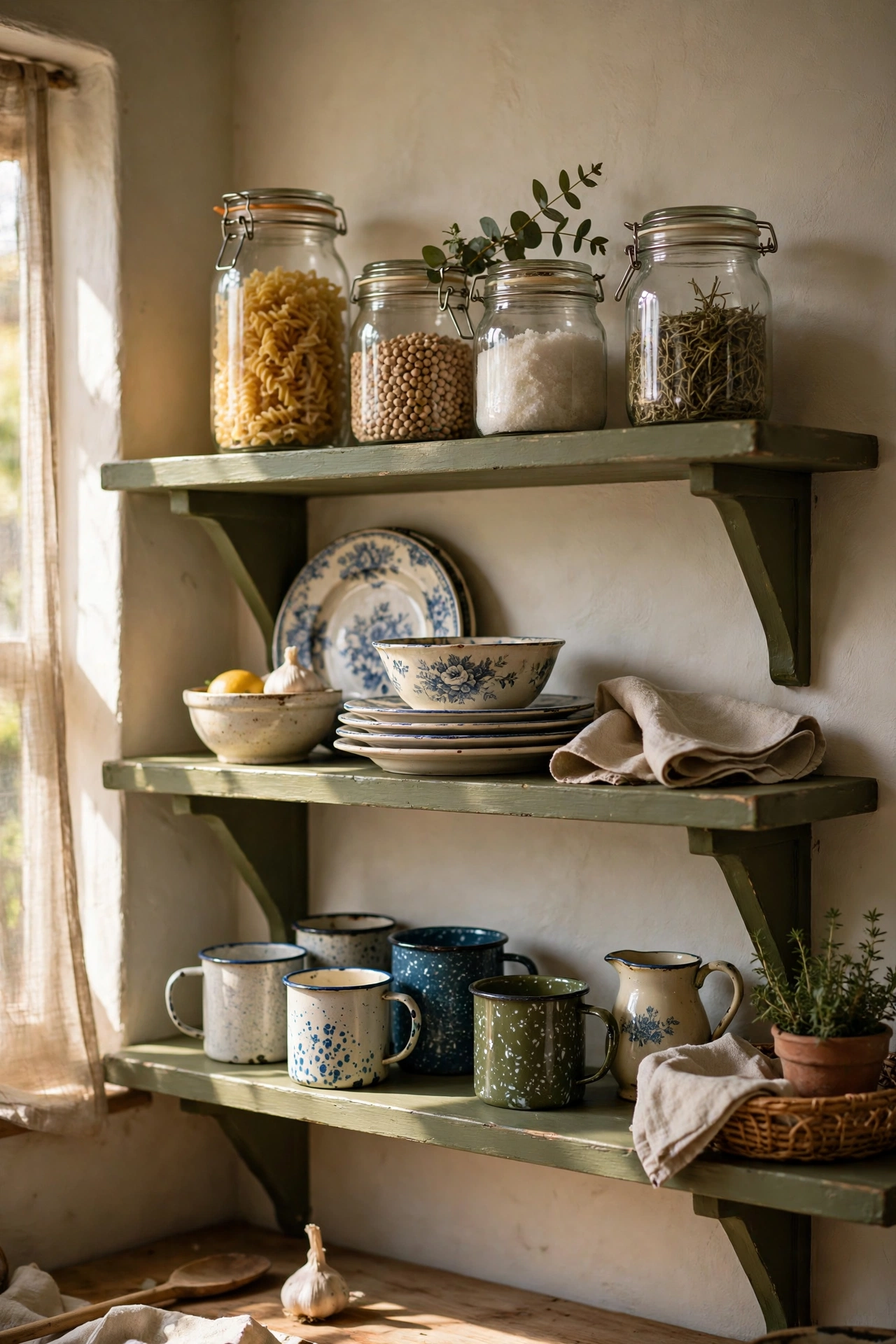 Open olive shelves styled with vintage crockery and mugs