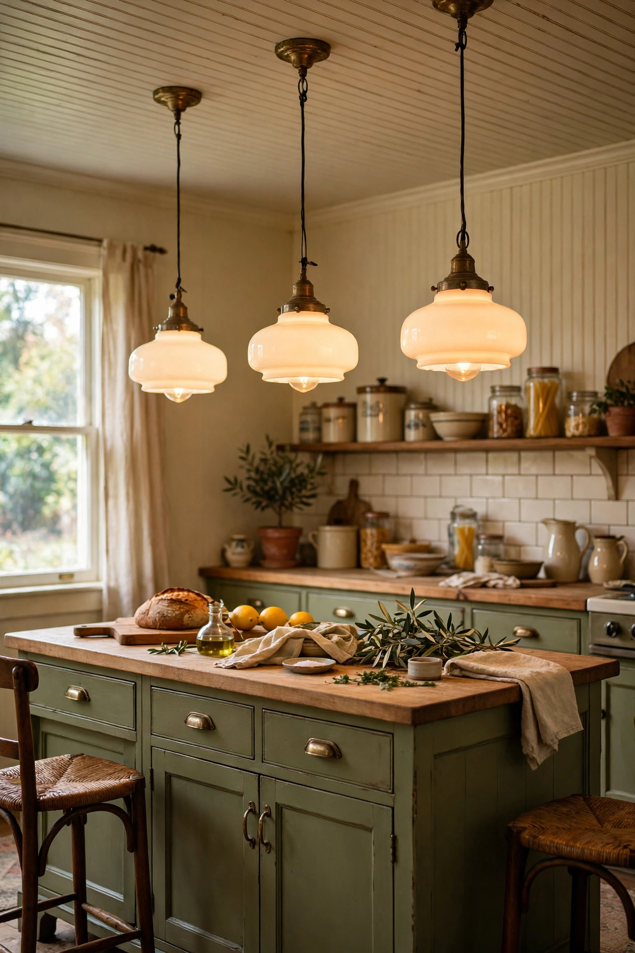 Opal glass schoolhouse pendant lights over olive island